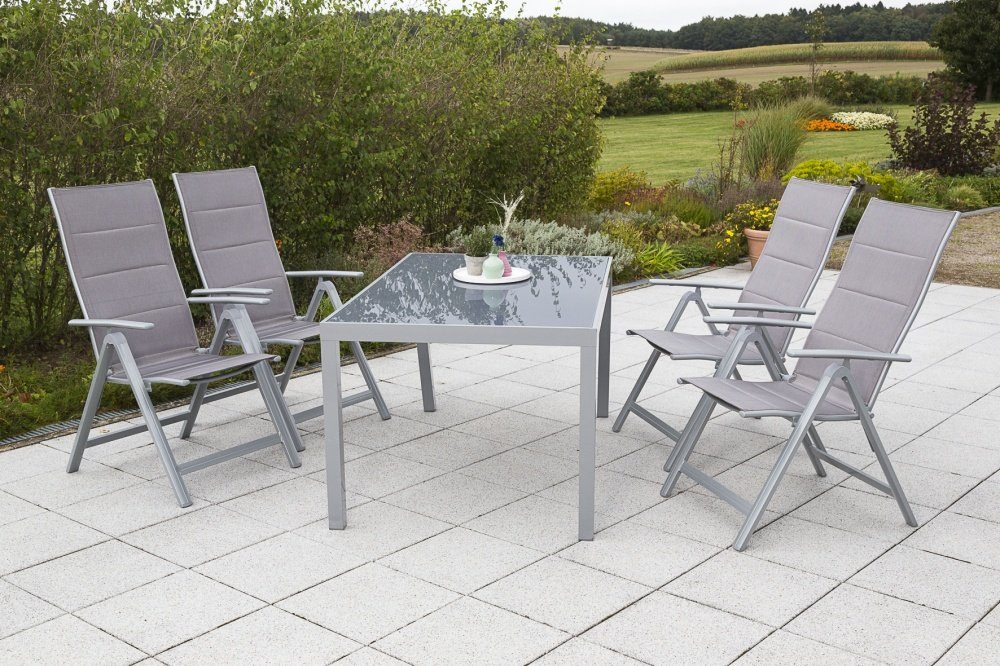MERXX Garten-Essgruppe Taviano, (Set, Tisch, 4 Klappsessel, Aluminium mit Textilbespannung, Sicherheitsglas), 4 Klappsessel in Sitz und Rücken gepadded