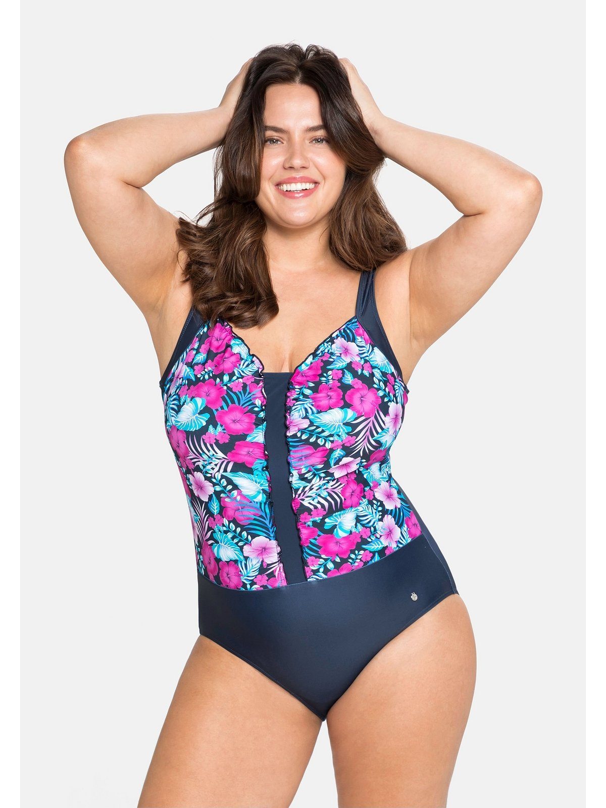 Sheego Badeanzug Große Größen mit Power-Netz-Einsatz vorn für Shaping-Effekt