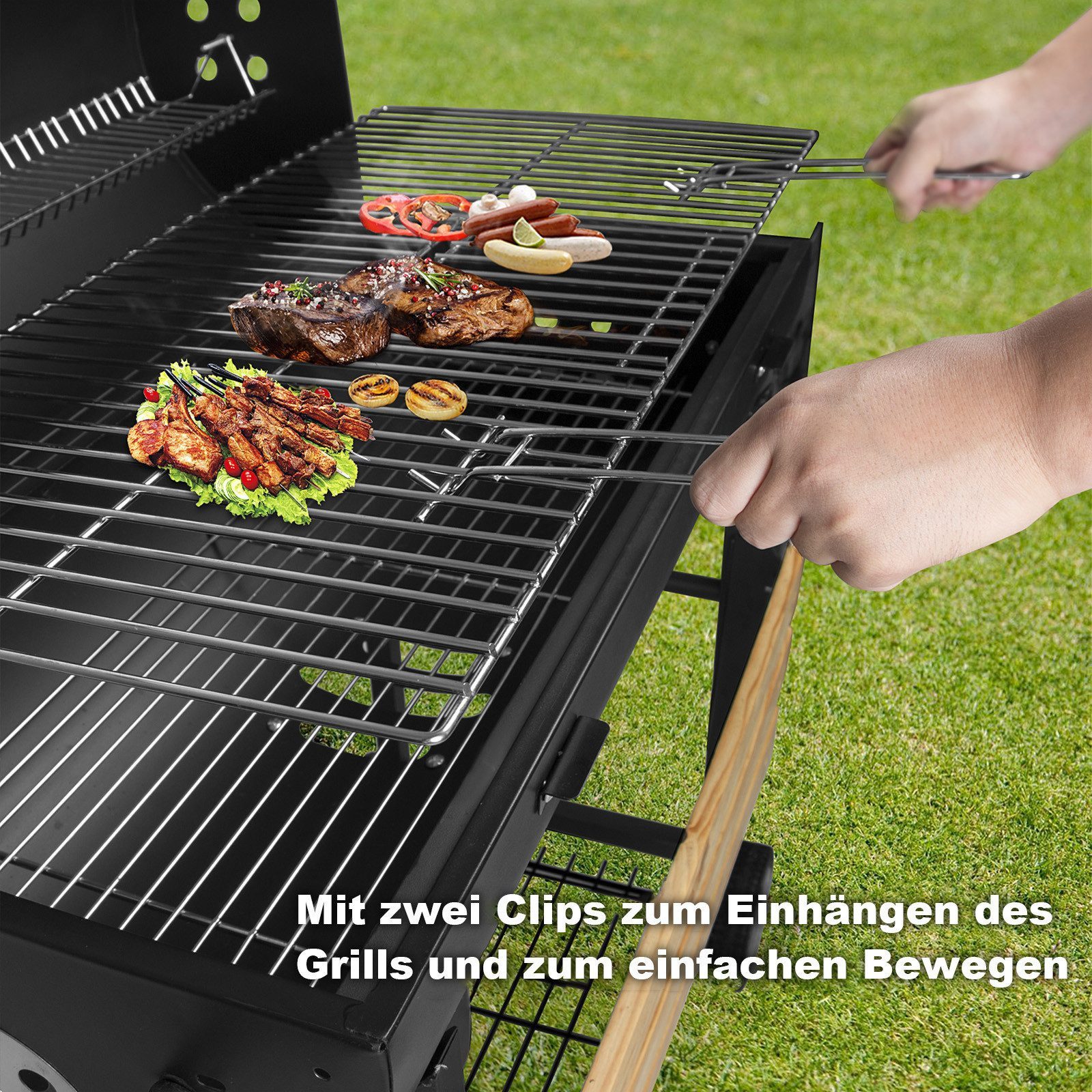 SunJas Holzkohlegrill XXL Grillwagen mit Thermometer, Ascheauffangschale und Seitenablagen, Grillfläche: 75 x 38,5 cm für 8-12 Personen, großer Gartengrill für  – Bild 5 von 5
