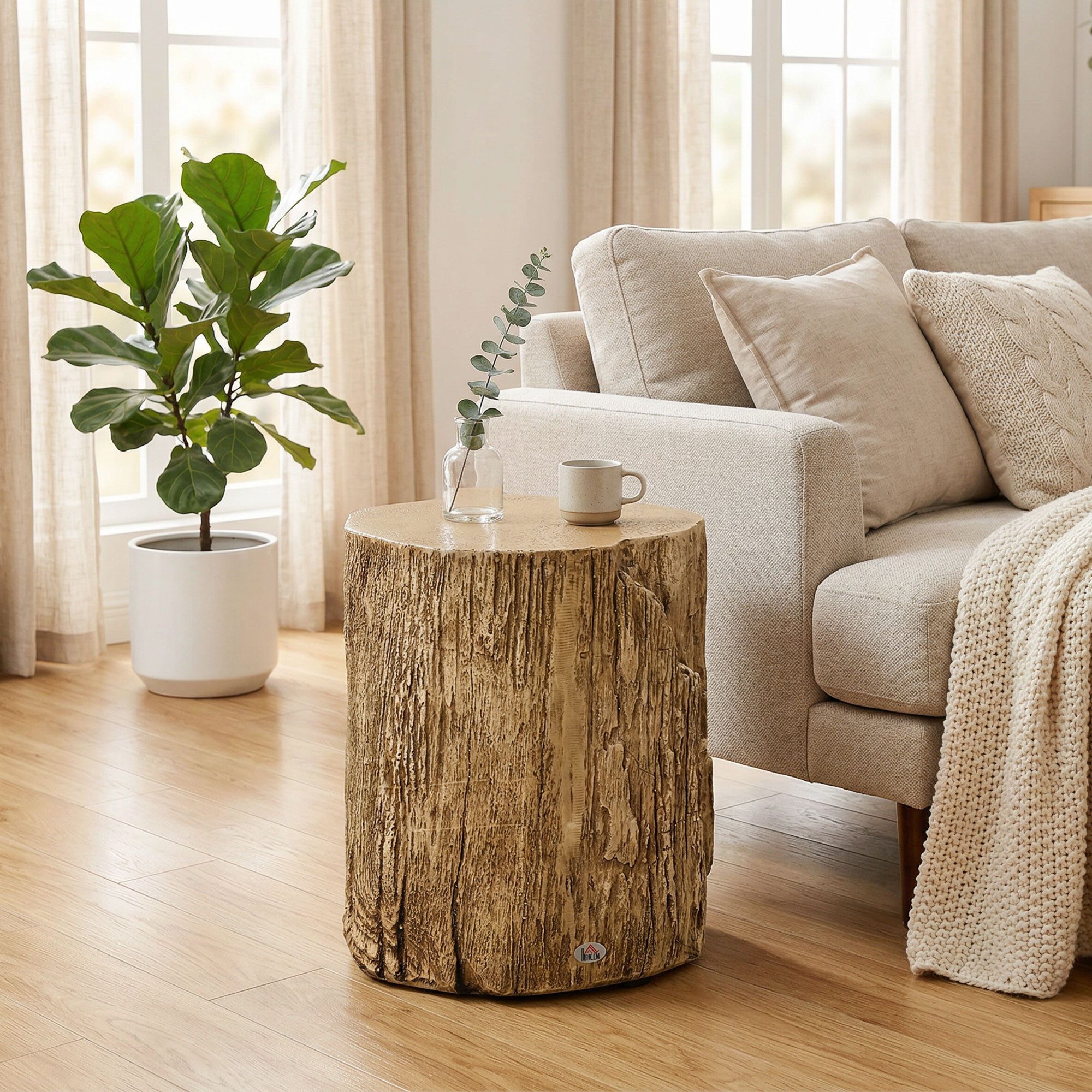HOMCOM Beistelltisch Baumstumpf-Optik Nachttisch Wasserdicht, für Wohnzimmer (Tisch, 1-St., Couchtisch), Naturholz Ø37 x 43 cm