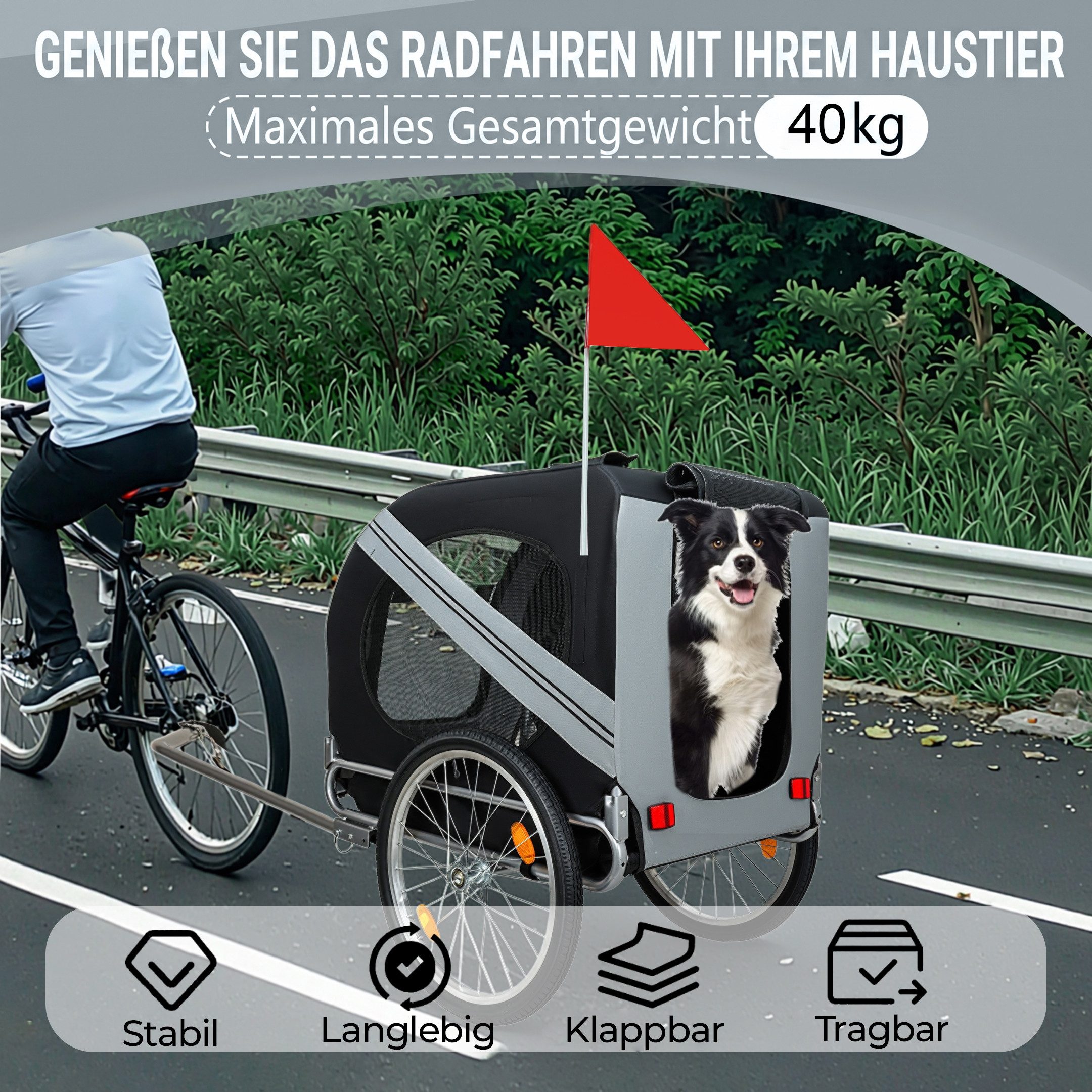 MIBODE Hundebuggy Hundefahrradanhänger bis 40 kg mit Fliegengitter und Regenschutz