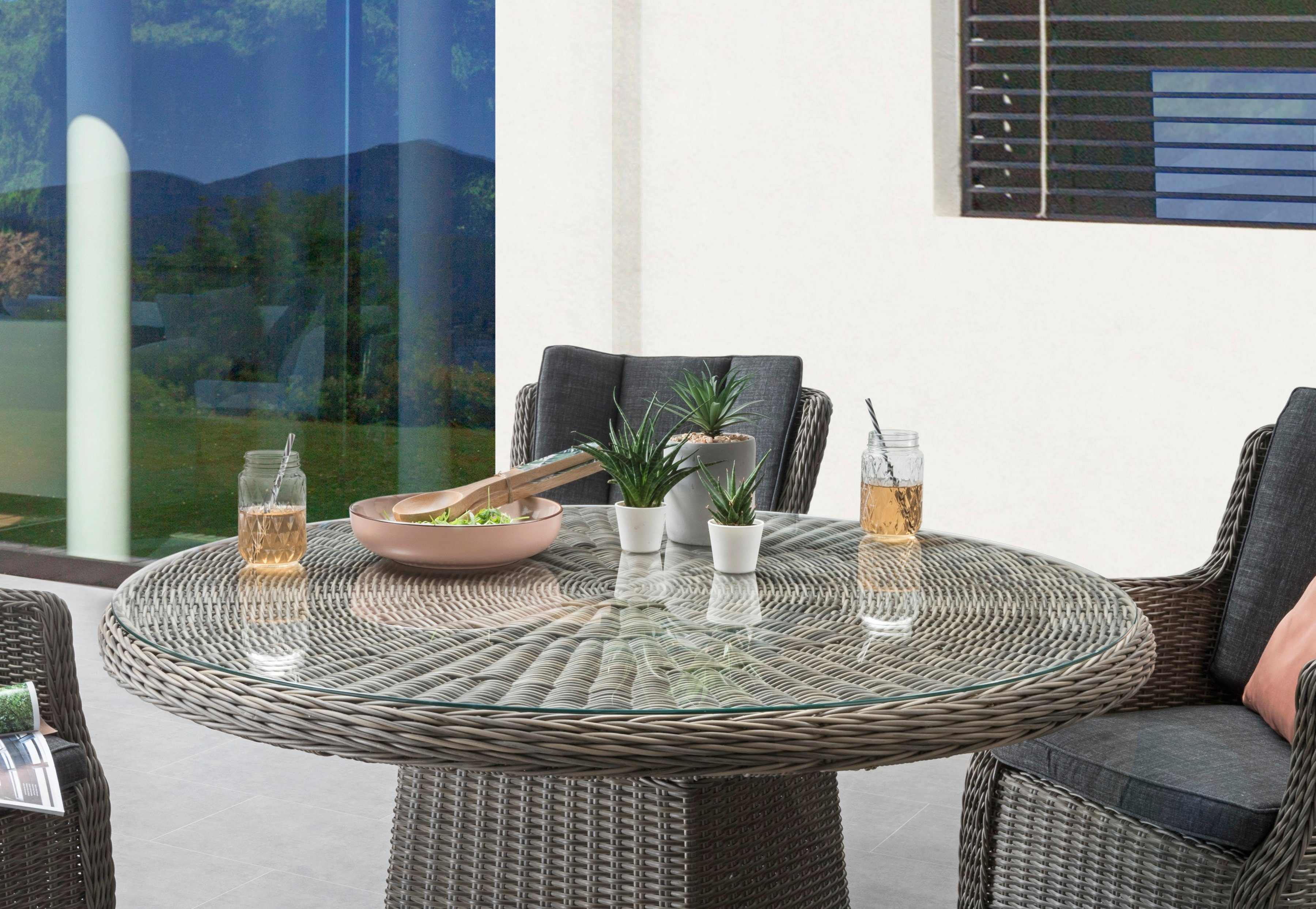 Destiny Garten-Essgruppe LUNA, (13-tlg., 4x Sessel, 1x Tisch, inkl. Auflagen), Aluminium, Polyrattan