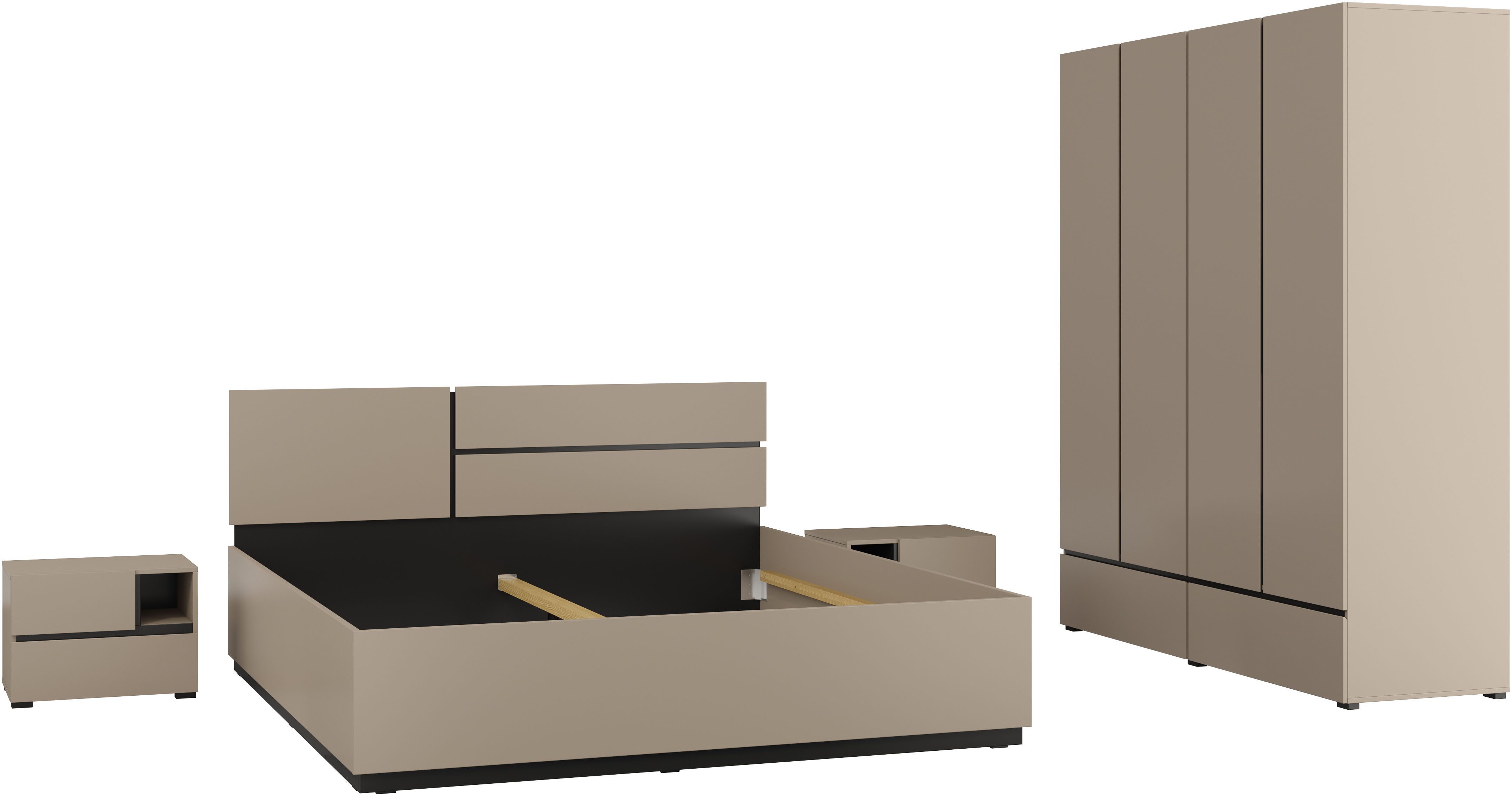 OTTO home Schlafzimmer-Set Cross, moderne, grifflose Optik, FSC-zertifiziert, (4-tlg., Bett 180x200cm, 2 Nachtkommoden, Schrank 2-oder 4-türig), Komplettschlafzimmer-Set