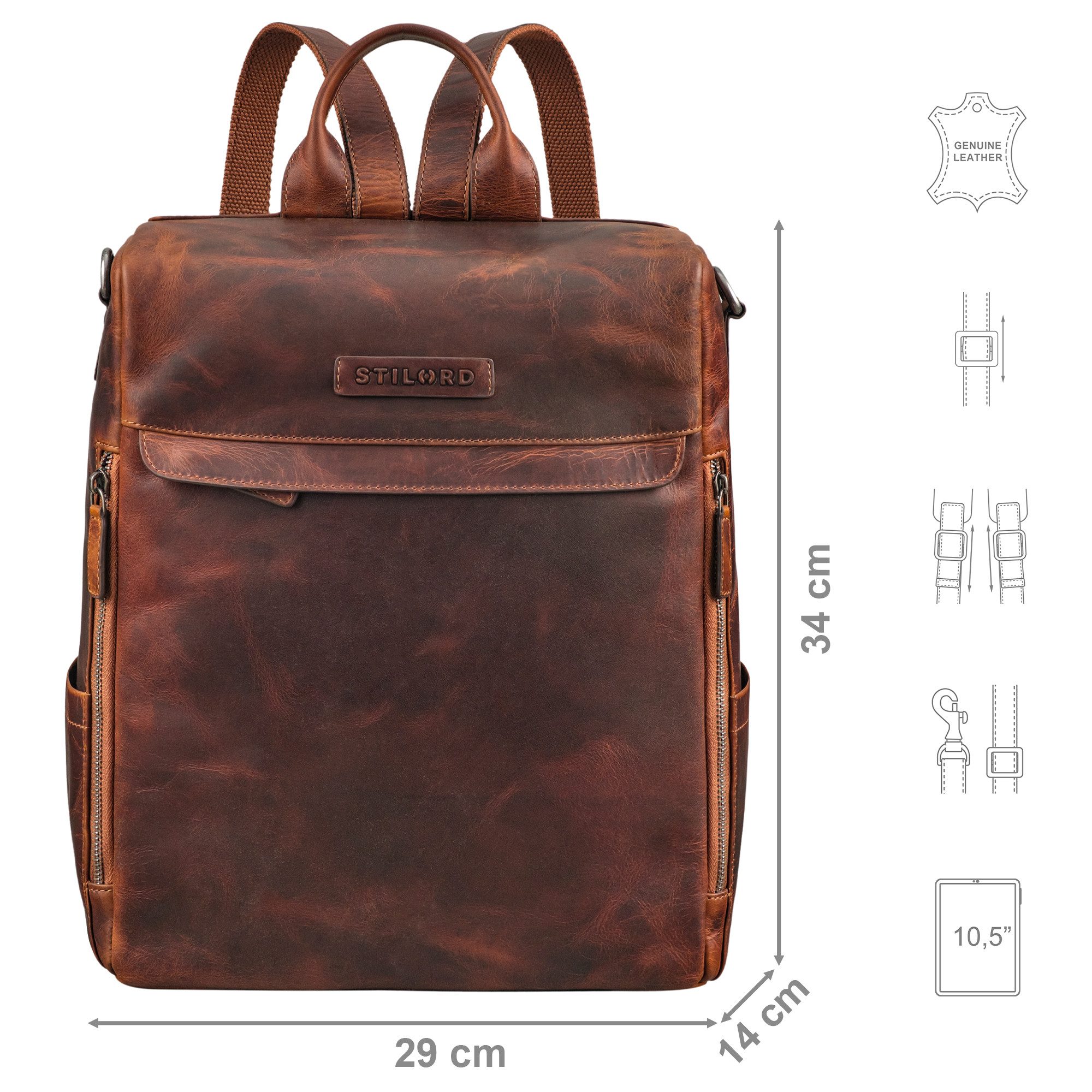 STILORD Notebookrucksack "Tarik" Diebstahlsicherer 2-in-1 Rucksack und Umhängetasche Leder