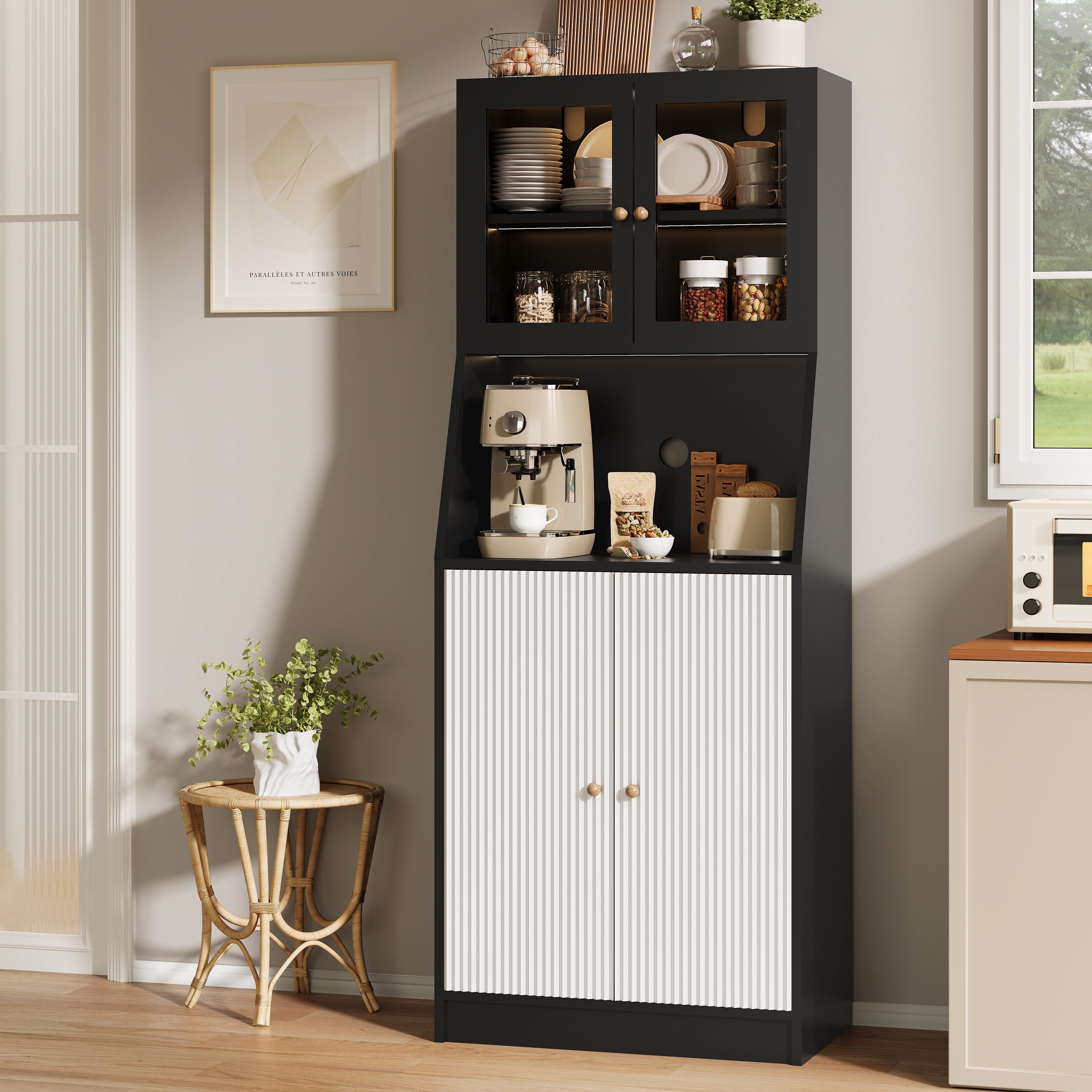 BELUPAI Küchenbuffet Hochschrank mit Glastüren and LED-Beleuchtung (Set, 1-St., Hoher Buffetschrank Weinschrank mit Verstellbaren Einlegeböden) Vorratsschrank für Küche, Wohnzimmer, Esszimmer, 180x70x40cm, Schwarz