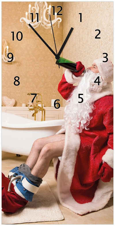 Wallario Wanduhr Betrunkener Weihnachtsmann mit Weinflasche auf dem Klo (Uhr aus Acryl)