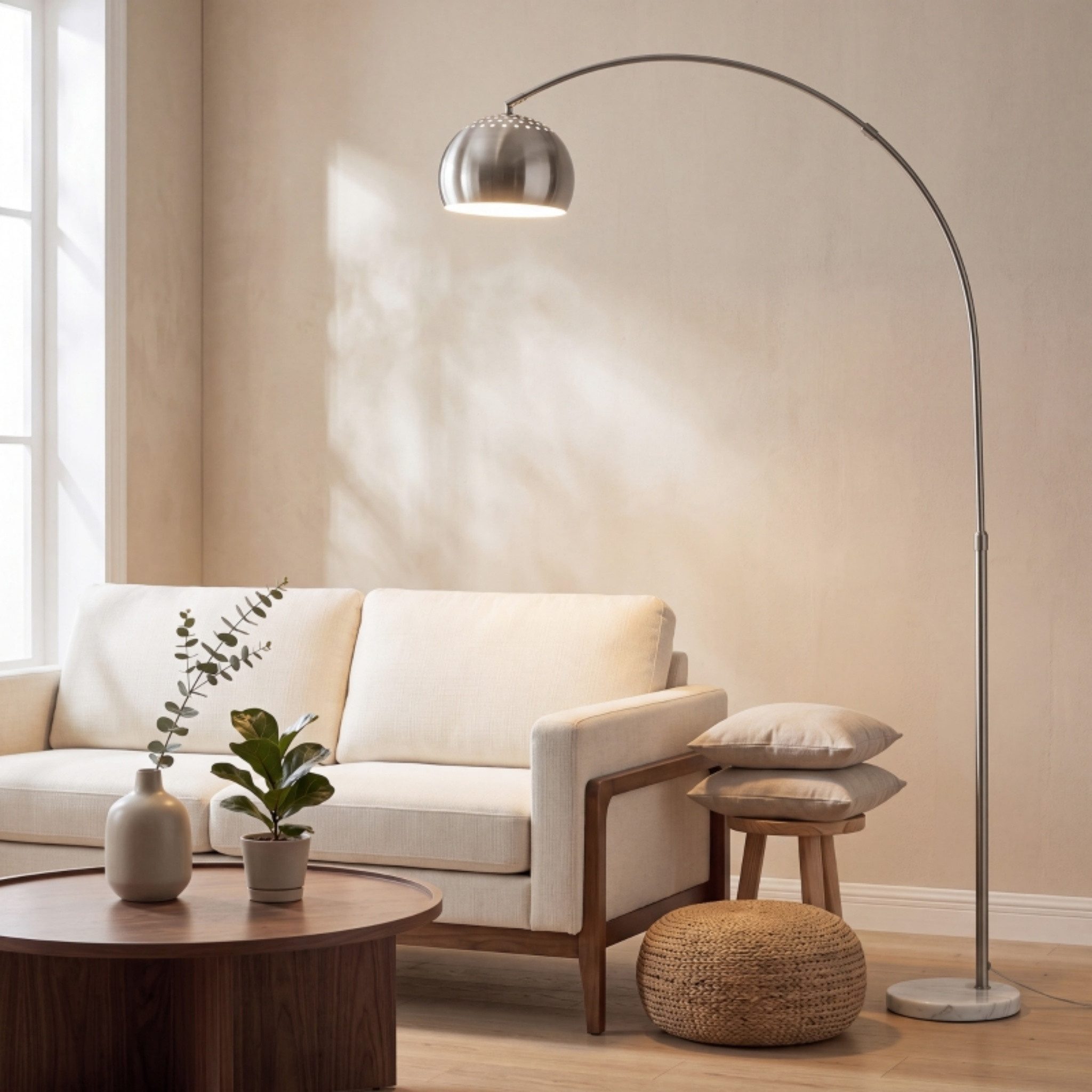 Blossom Bogenlampe Stehlampe Wohnzimmer mit Marmorsockel, verstellbarer Lampenschirm, mit verstellbarer Lampenschirm, E27-Fassung, Fußschalter, Silber