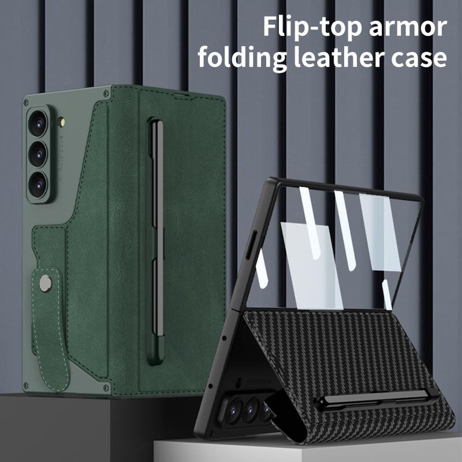Wigento Handyhülle Für Samsung Galaxy Z Fold7 5G GKK Flip Leder Hülle Stifthalter Carbon, Flip Leder Hülle mit integriertem Stifthalter