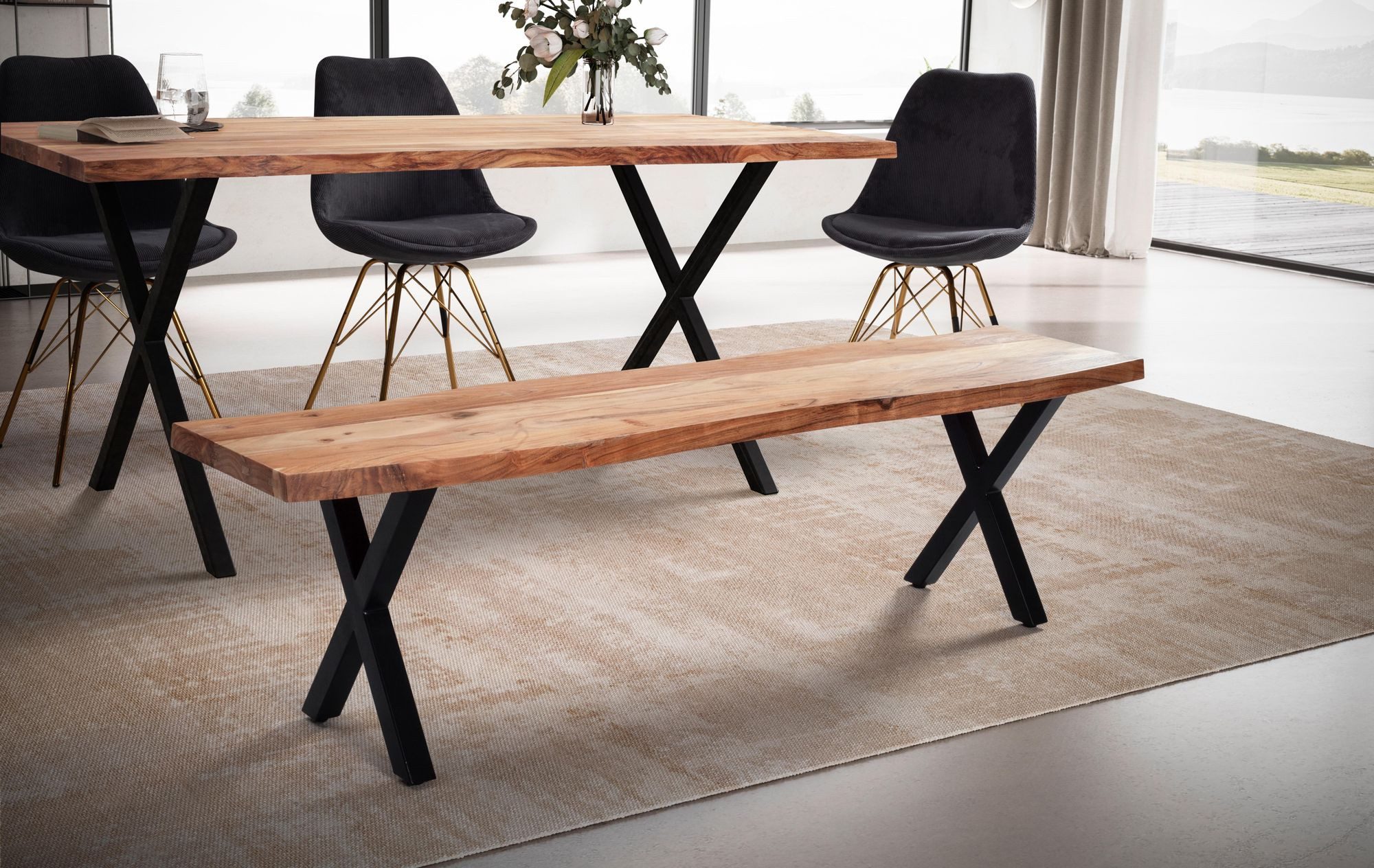 FINEBUY Essbank FB68406 Esszimmerbank Sitzbank Akazie Massivholz Baumkante (Akazie Massivholz 120x40x45,5 cm, Baumkante Modern), Esszimmerbank Baumstamm, Sitzbank Esszimmer Holz