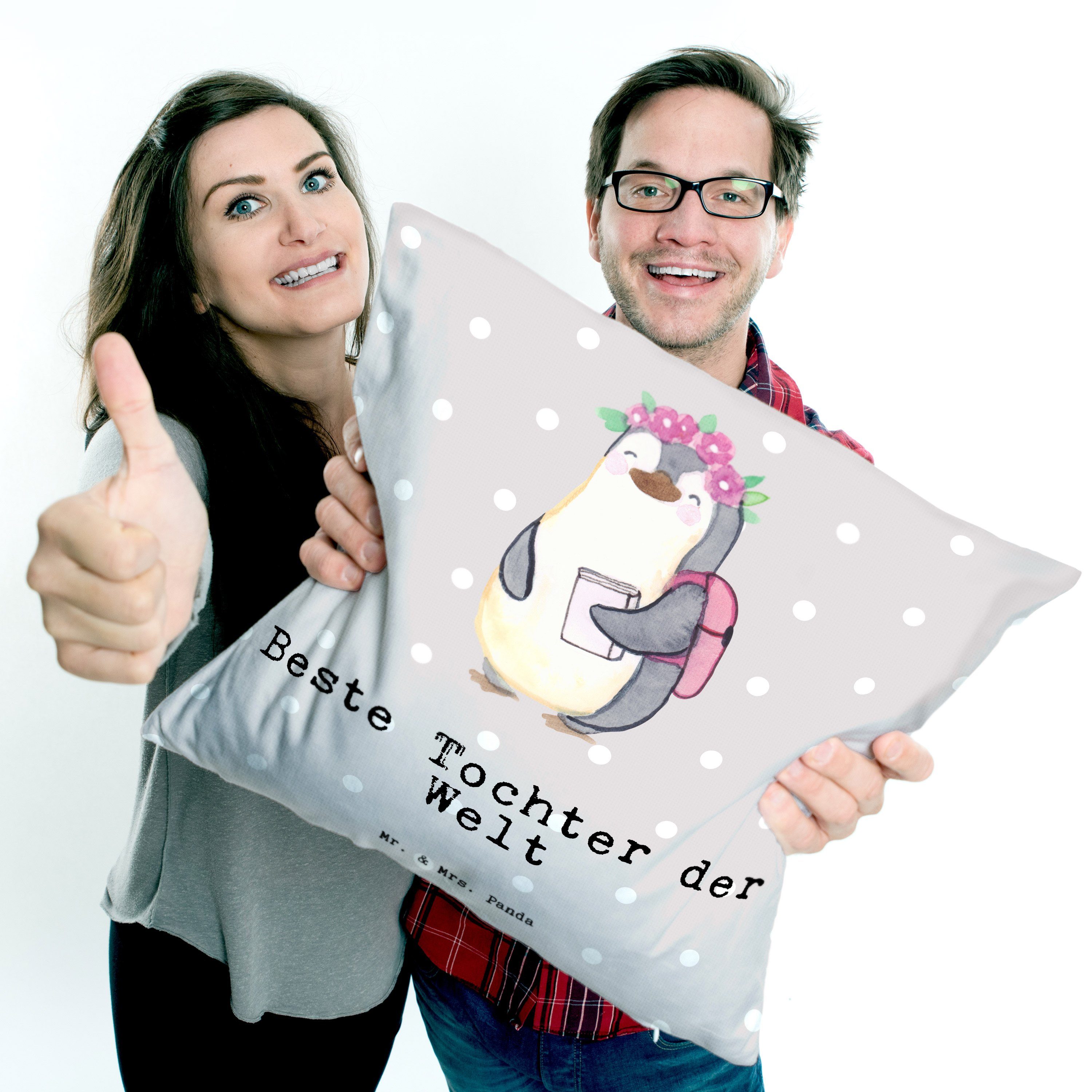Mr. Beste & Pinguin der Geschenk, Tochter - Mrs. Grau Pastell - Dekokissen Panda Töchterchen Welt