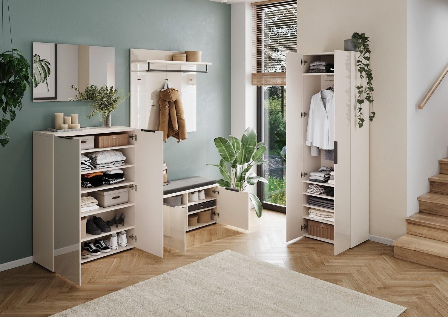 GERMANIA Schuhschrank GENOVA, 2 Türen, Creme, Holzwerkstoff, Glasfront, B 87 x H 120 x T 40 cm