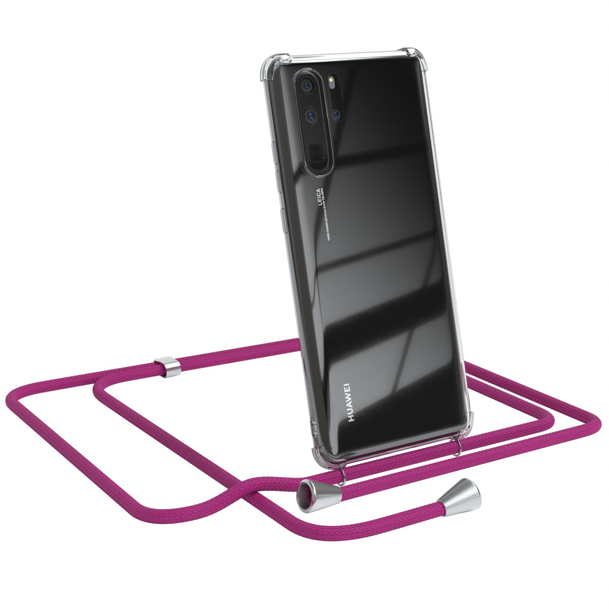 EAZY CASE Handykette Hülle mit Kette für Huawei P30 Pro 6,47 Zoll, Handykordel Slimcover mit Umhängeband zum Umhängen Pink / Clip Silber