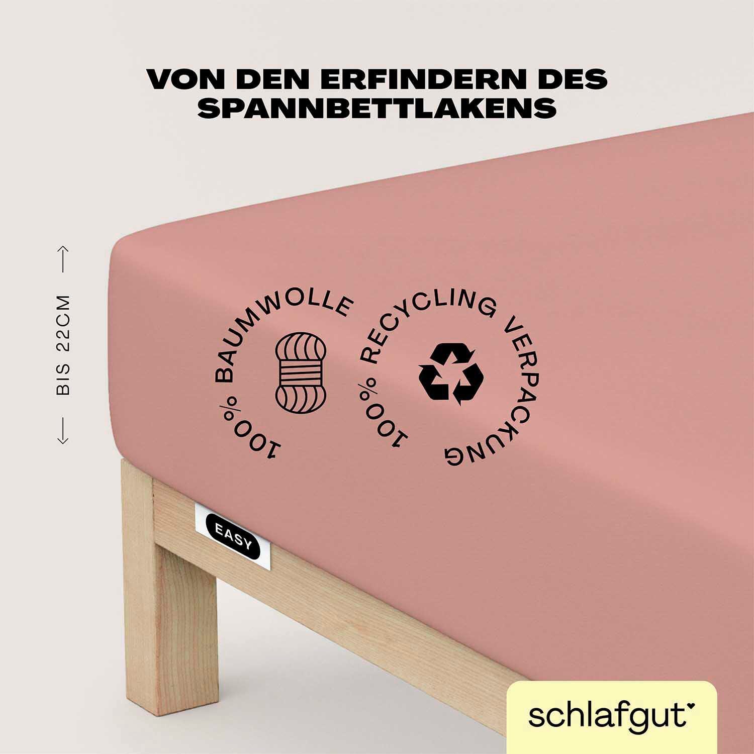 Schlafgut Spannbettlaken EASY JERSEY Bettlaken, 150 g/m², 100% Baumwolle, Spannbetttuch, Jersey, Gummizug: rundum, (1 Stück), Spannbettlaken bis 22 cm Höhe, bügelfrei, pflegeleicht, perfekter Sitz