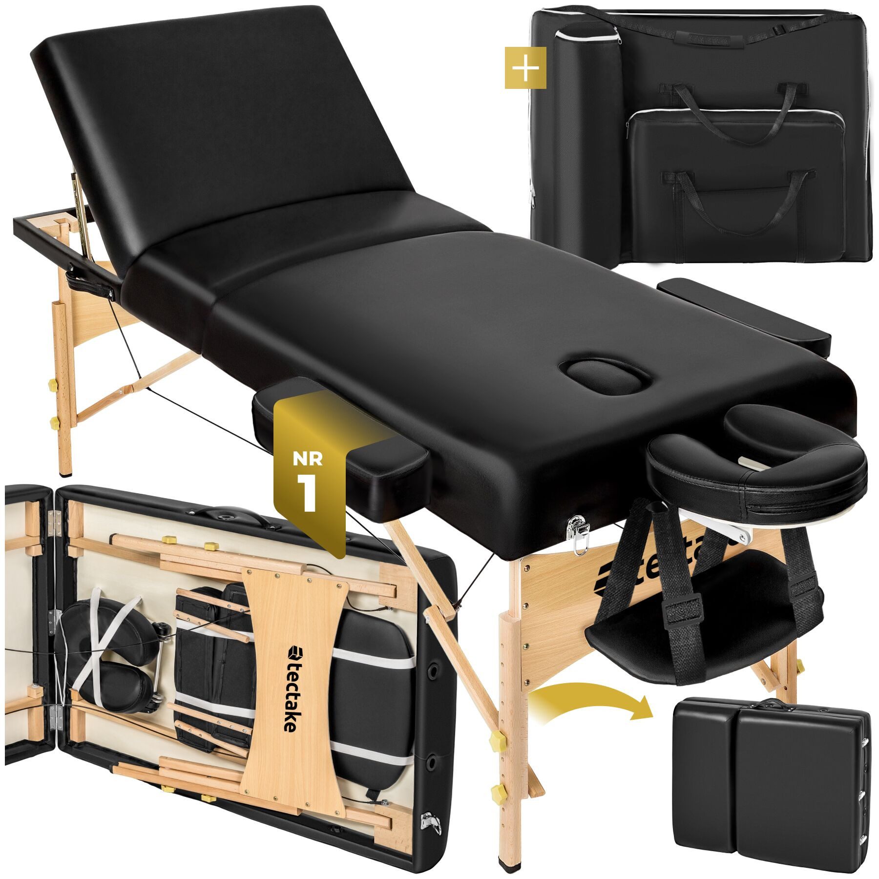 tectake Massageliege 3-Zonen-Massagetisch-Set, 218 x 102 x 90 cm, Polsterung 7,5 cm (Kosmetikliege Somwang, 1-St., in schwarz), Breite 70 cm, Tragetasche, mit Holzgestell, klapp- & höhenverstellbar