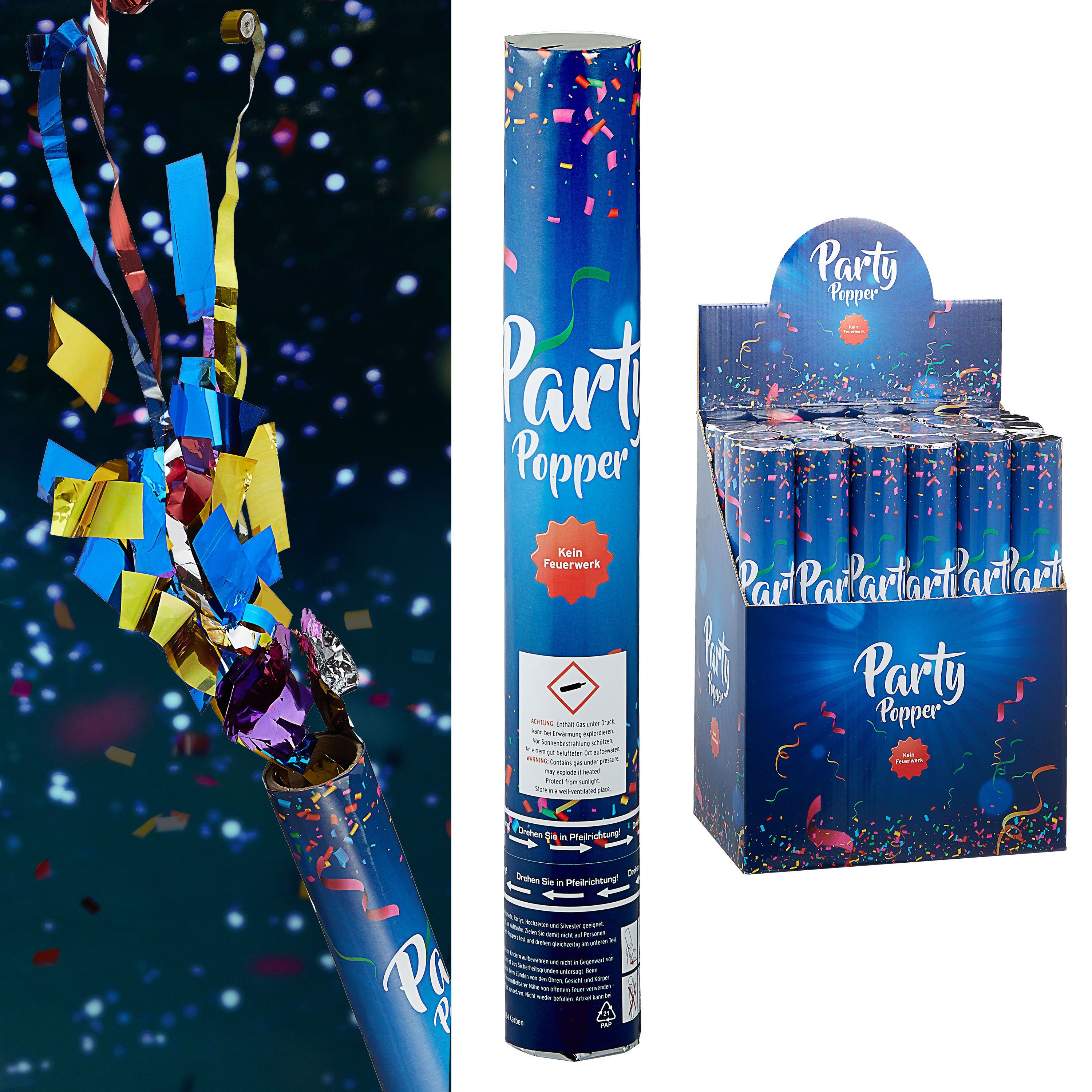 Konfetti Party-Popper De Luxe 12er Set 30cm Kanone Folien-Luftschlange Konfetti
