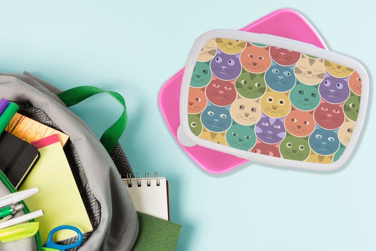 Brotdose Erwachsene, Katzen Brotbox Mädchen, Kinder, (2-tlg), Lunchbox Kunststoff, Design, Kind Regenbogen für - Kunststoff - MuchoWow rosa Snackbox, -