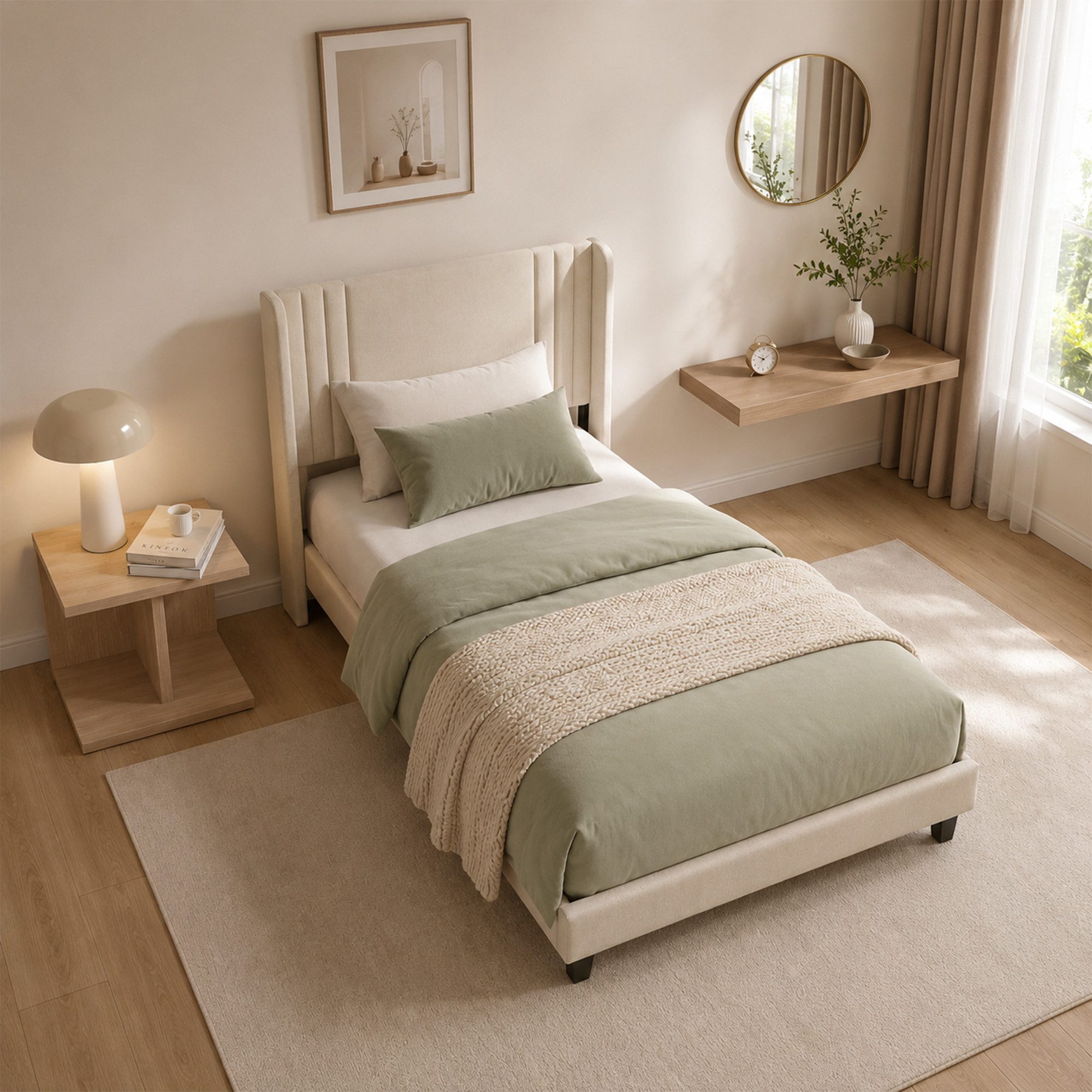 Simurq Einzelbett Polsterbett 90x200 mit Leinenbezug, Einzelbett mit Lattenrost (Gästebett, Lattenrost und 15 cm Bodenfreiheit), Jugendbett Beige oder Grau – Bild 2 von 5