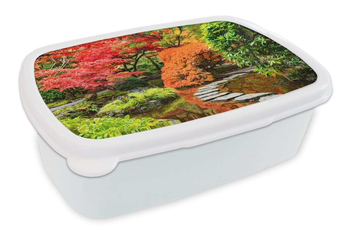 MuchoWow Lunchbox Bäume - Japanisch - Steine - Weg - Natur, Kunststoff, (2-tlg), Brotbox für Kinder und Erwachsene, Brotdose, für Jungs und Mädchen weiß