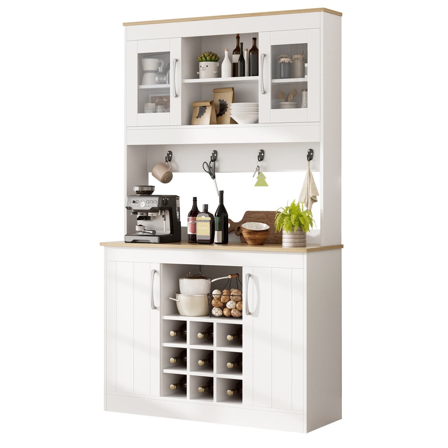 autolock Küchenbuffet Küchenbuffet Buffetschrank mit Aufsatz,Küchenschrank mit Glastüren Mit Weinregal und Hakenleiste,großer Geschirrschrank Vorratsschrank
