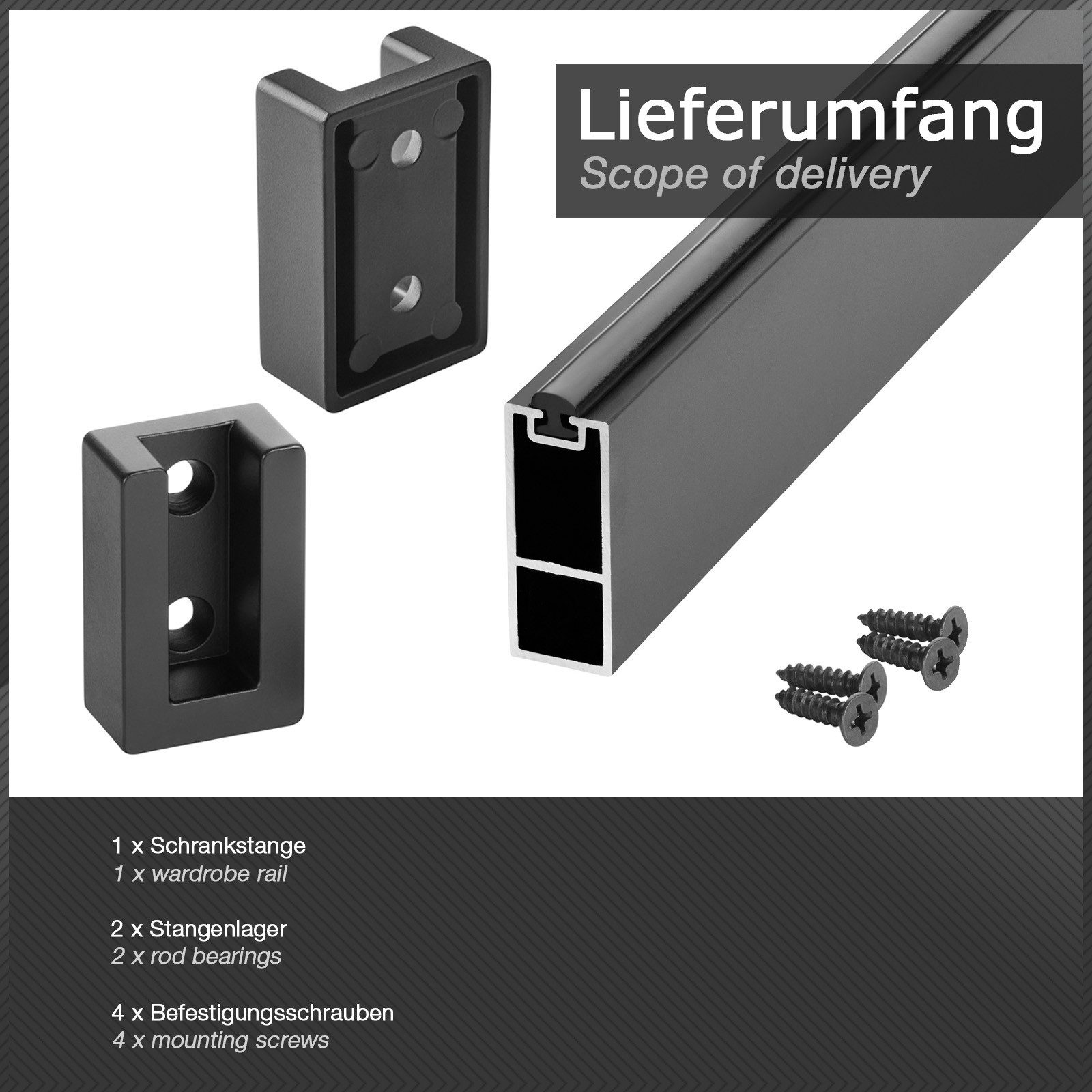 SO-TECH® Kleiderstange Schrankstange mit Gummiauflage und Schrankstangenlager (Spar-Set, 1 St), Kleiderstange schwarz matt eloxiert 1000 mm, 30 x 12 mm, Alu – Bild 5 von 5