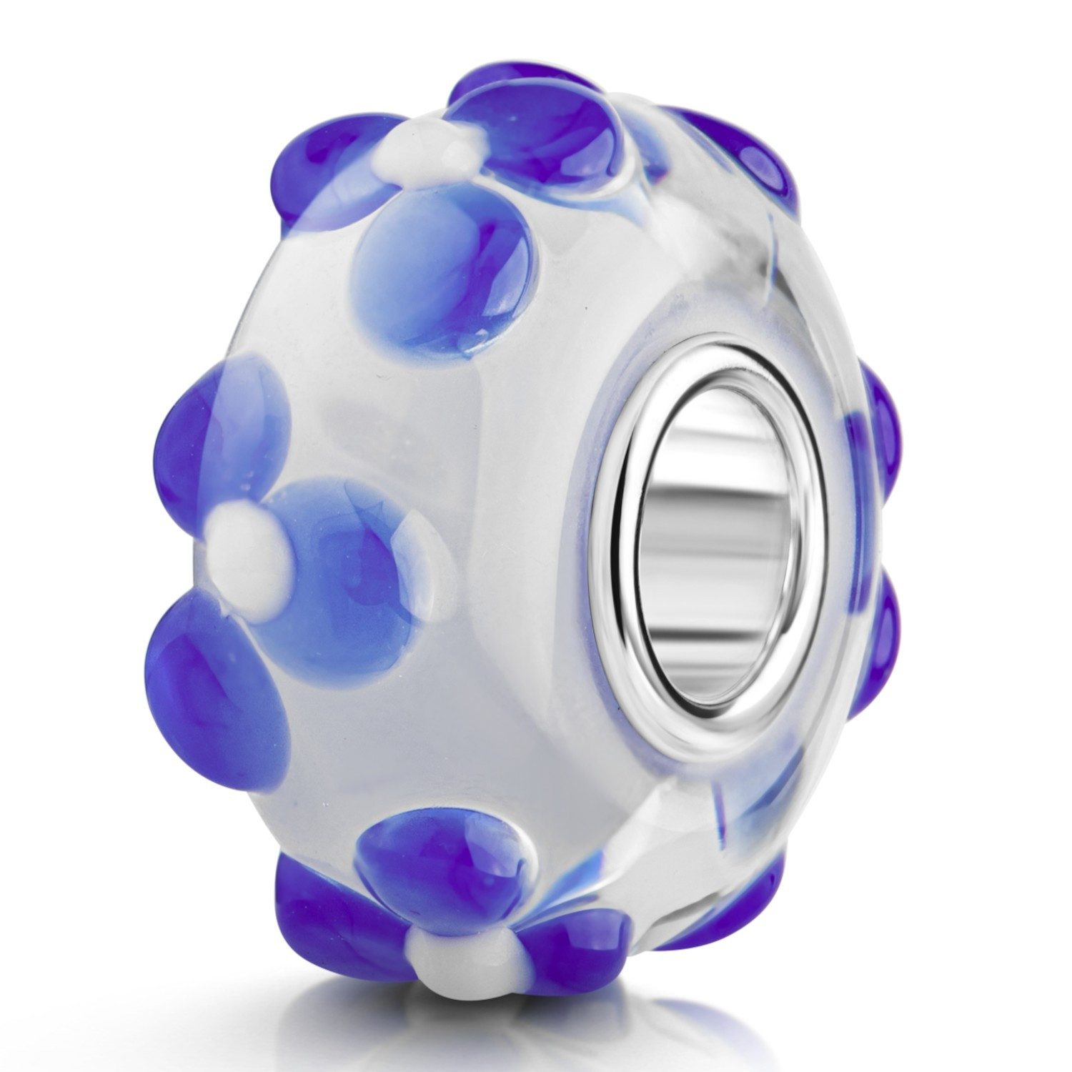 Materia Bead 3D Glas Element Blumen Blüten Blau Weiß 548, Hülse aus 925 Sterling Silber
