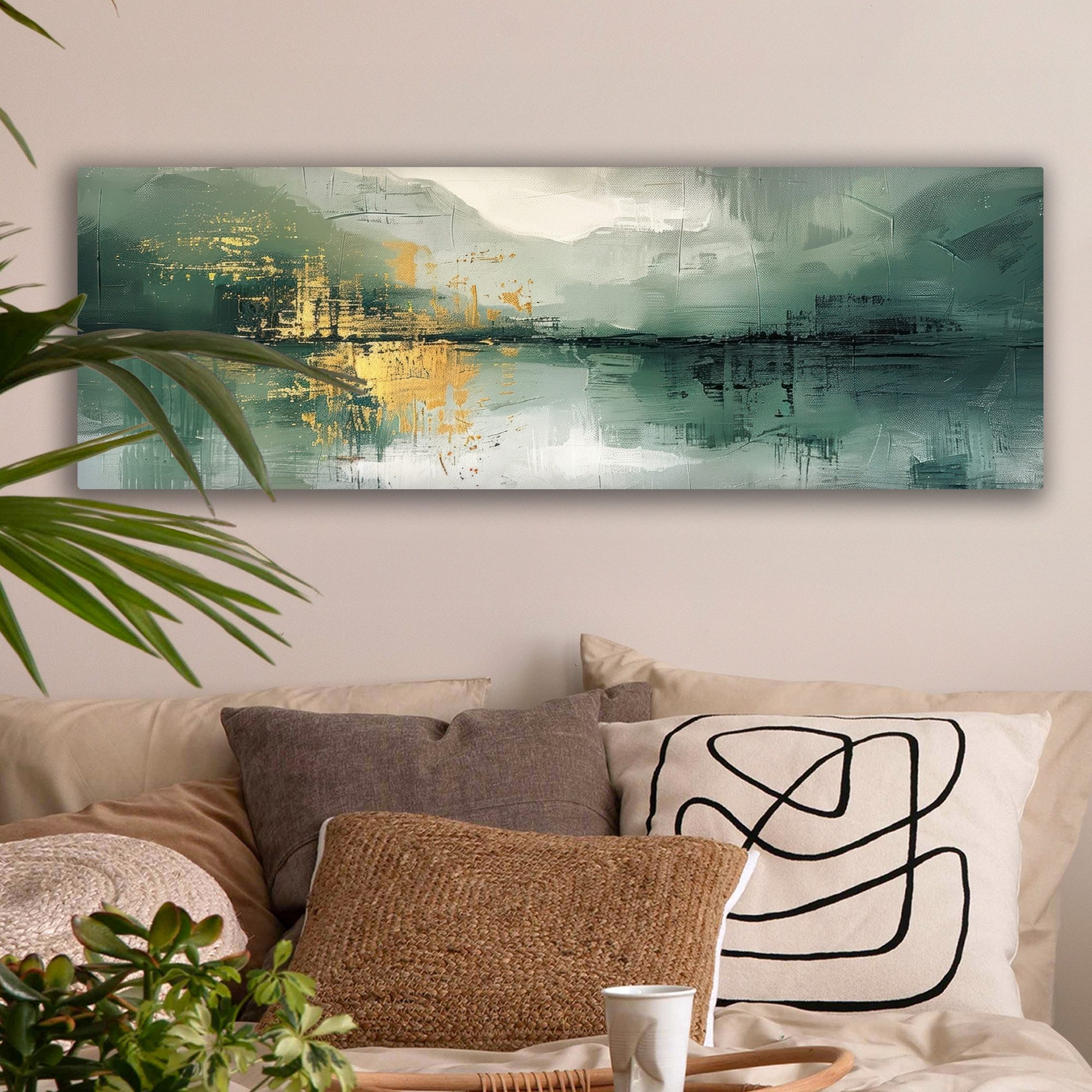 OneMillionCanvasses® Leinwandbild Panorama Grün - Modern - Abstrakt - Gold, Fotodruck (1 St), Wandbild XXL für Wohnzimmer Küche 120x40 cm