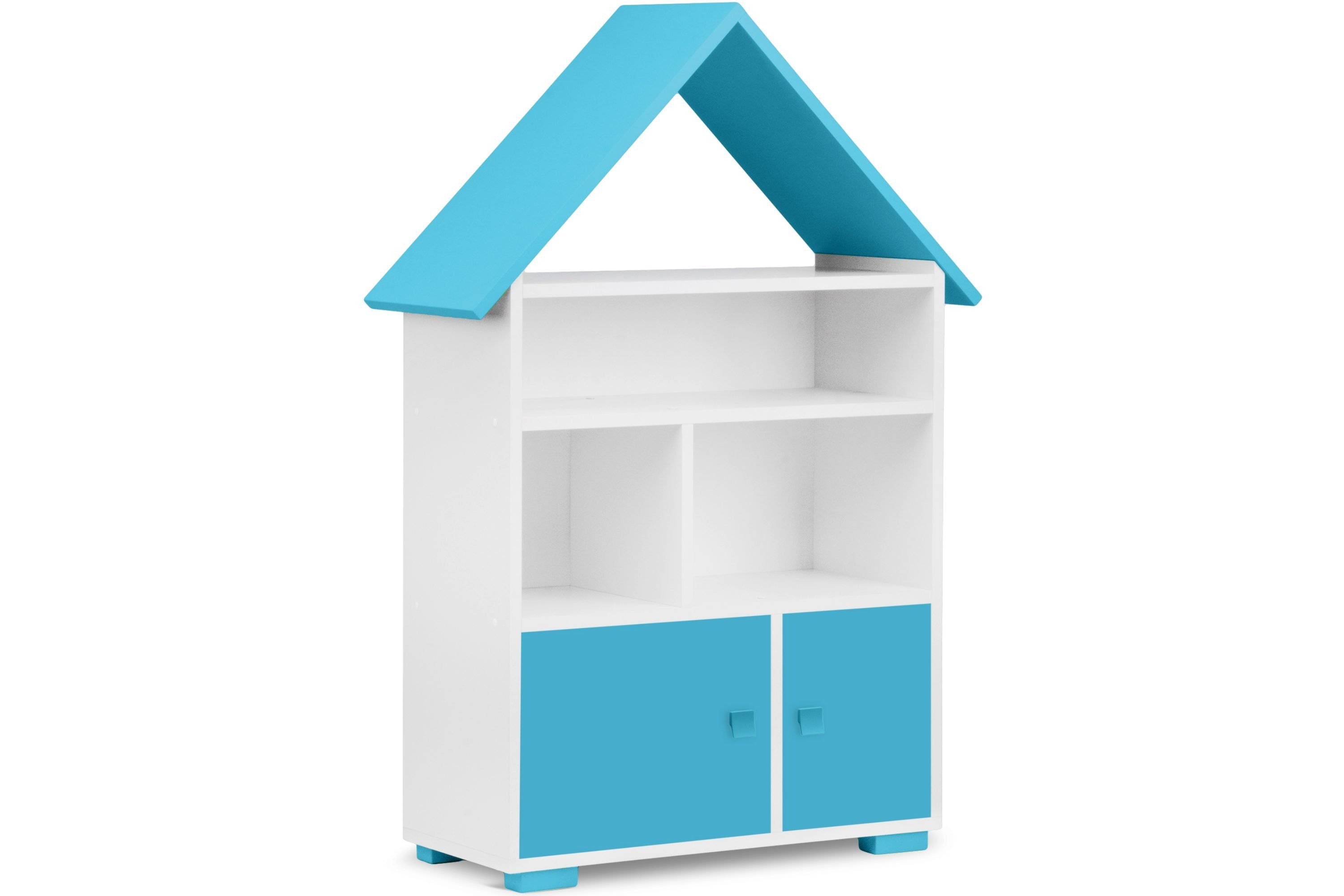 Konsimo Kinderregal Bücherregal mit Türen PABIS, Bücherregal mit Tür, Hausform, in Pastellfarben weiß/blau