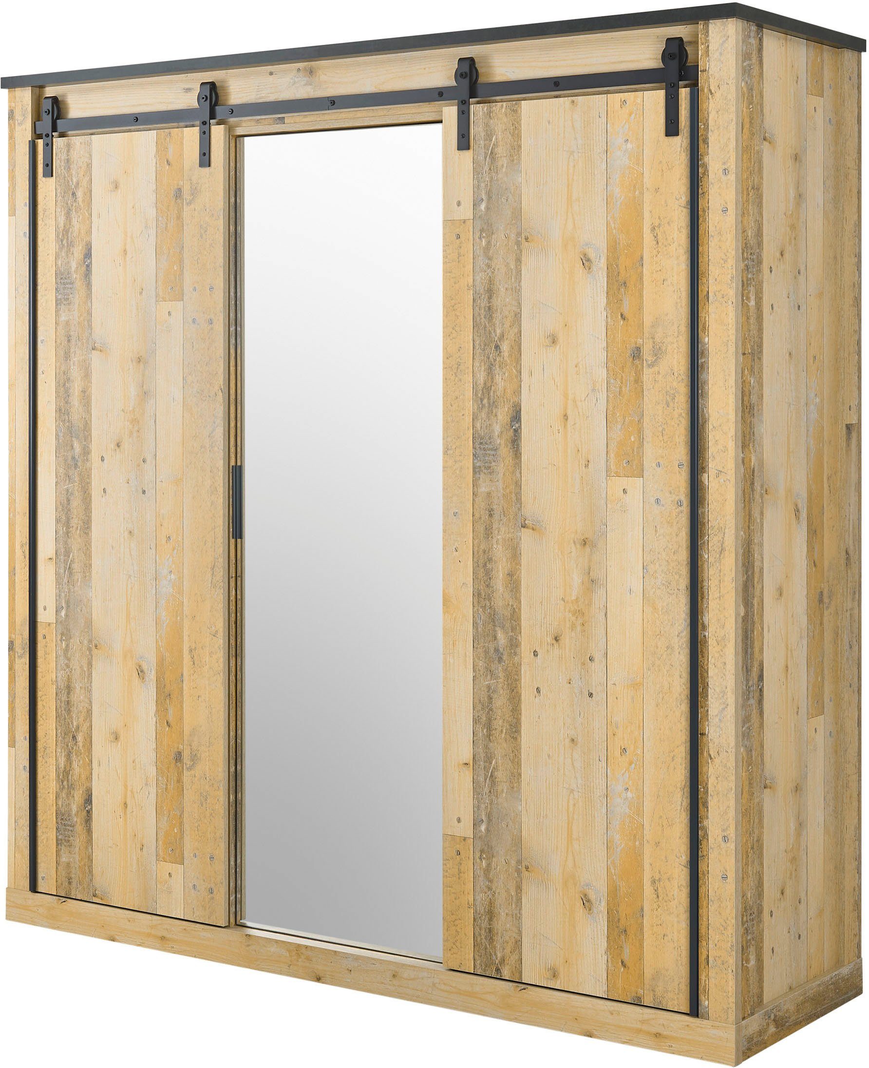 Home affaire Kleiderschrank SHERWOOD Schlafzimmerschrank mit Spiegel Wäscheschrank Schiebetüren mit Scheunentorbeschlag aus Metall, B/T/H 201/63/209cm