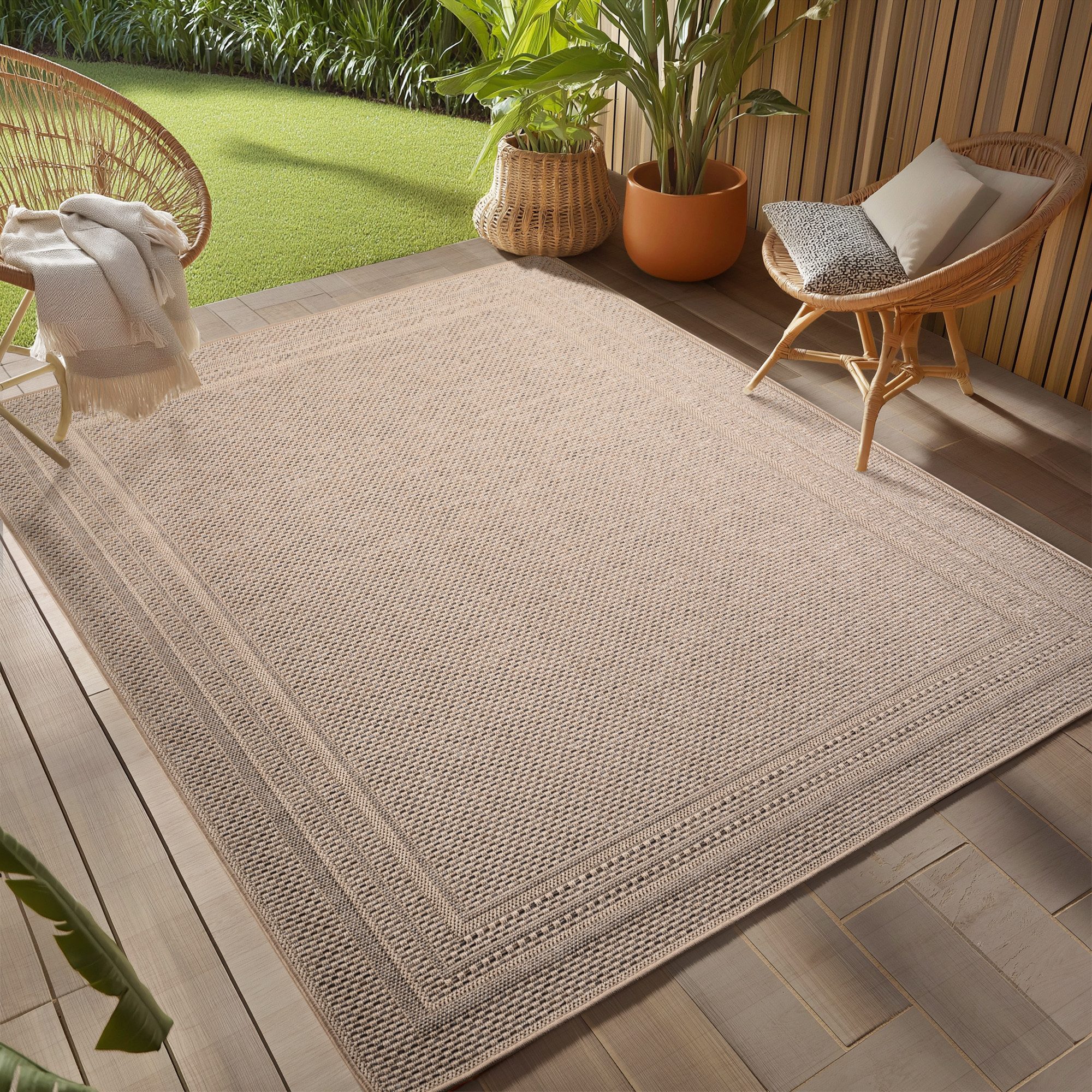 Teppium Teppich Schlichter Flatweave Teppich mit Rahmen, Rechteckig, Höhe: 5 mm, Indoor Outdoor Teppich Wetterfest 3D Optik Wohnzimmer Küchen Terrasse