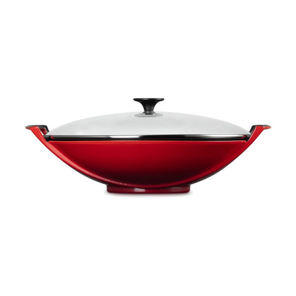 LE CREUSET Wok Wok mit Glasdeckel 36 cm Kirschrot, Wokpfanne Gusseisen mit Glasdeckel, Sichtkochen Ø36cm, Made in France