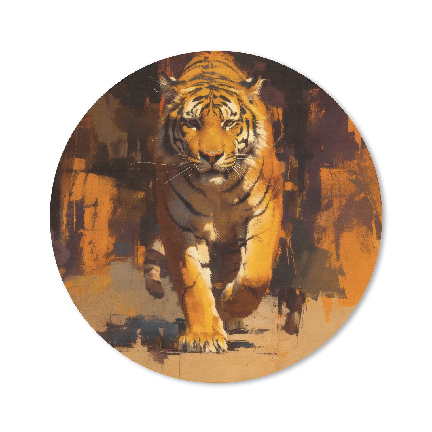 MuchoWow Mauspad Tiger - Gemalt - Orange - Pinselstriche (1-St), Gaming, Rutschfester Unterseite, Mausunterlage, Rund 50x50 cm