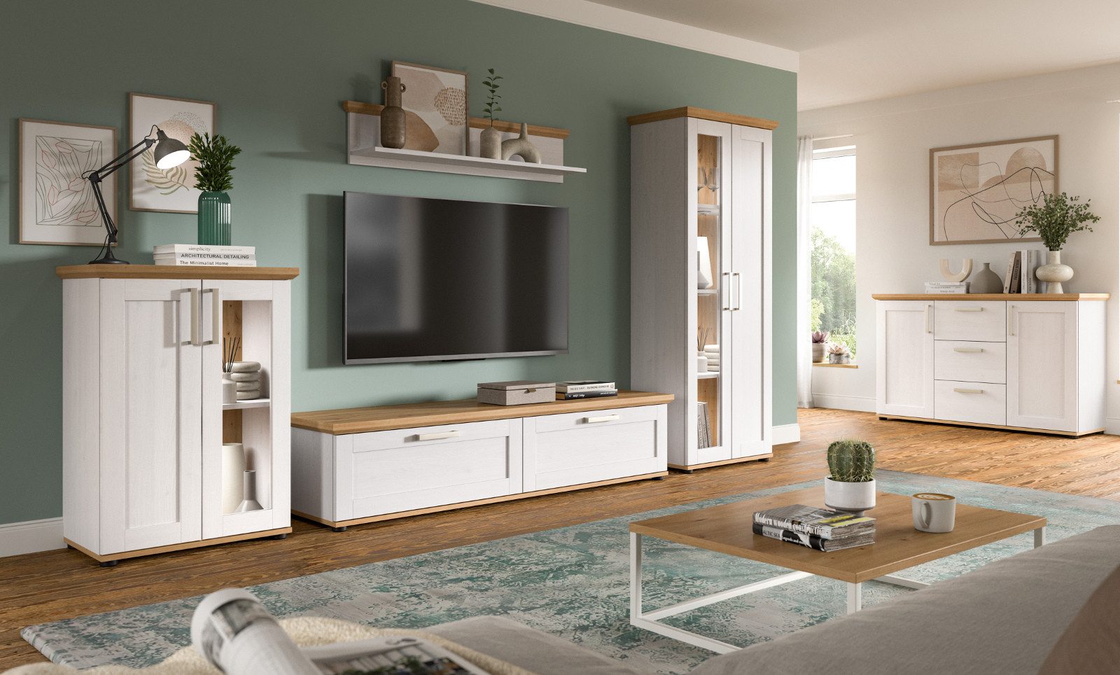 Inn.Furn Wohnwand Mirano, (in weiß Lärche Landhaus und Eiche Artisan, 4-teilig, 316 x 161 cm), mit viel Stauraum, verschiedene Stellmöglichkeiten