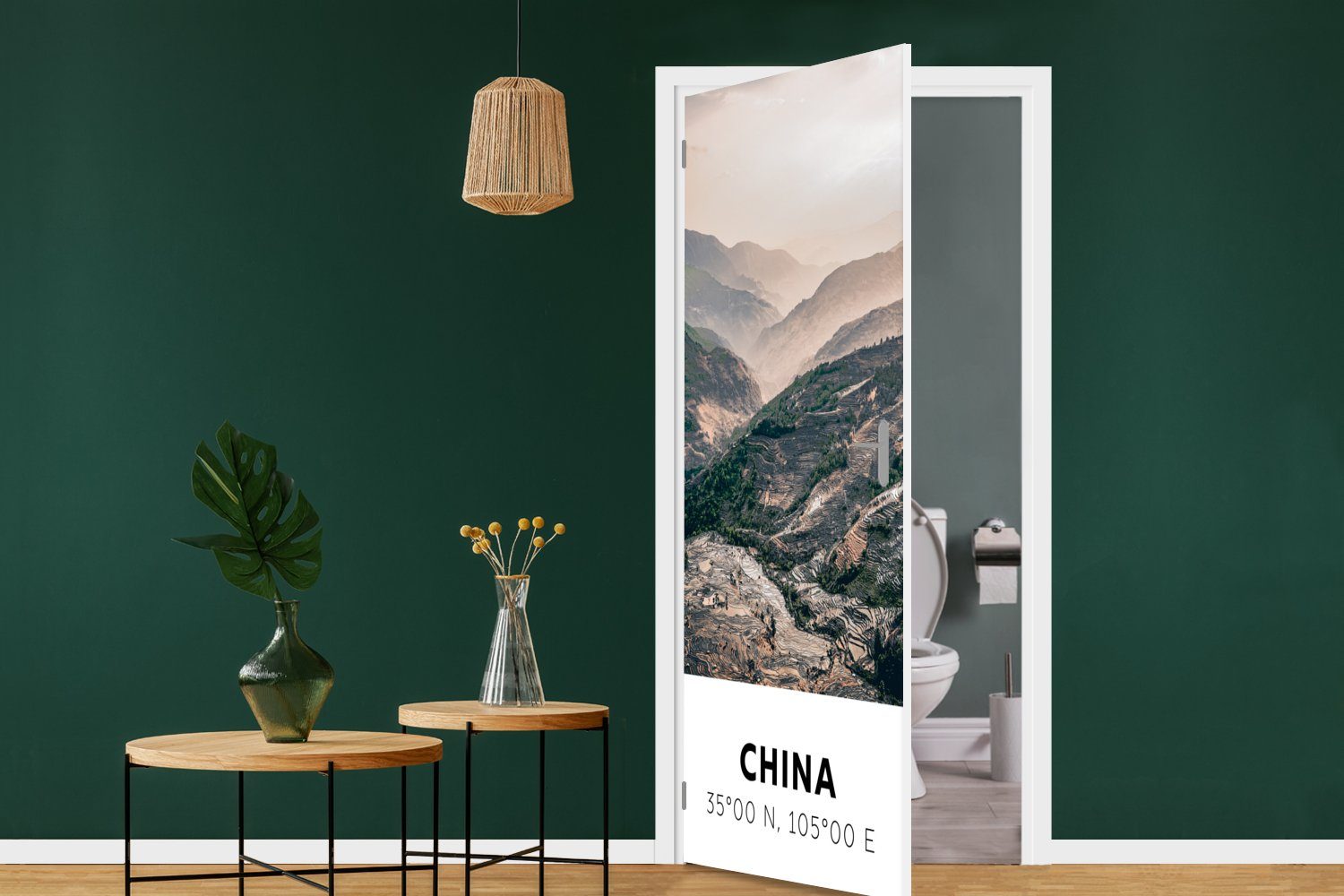 75x205 - Türaufkleber, MuchoWow Tür, bedruckt, Asien - für Fototapete (1 Berge China Türtapete Matt, Sommer, - cm St),