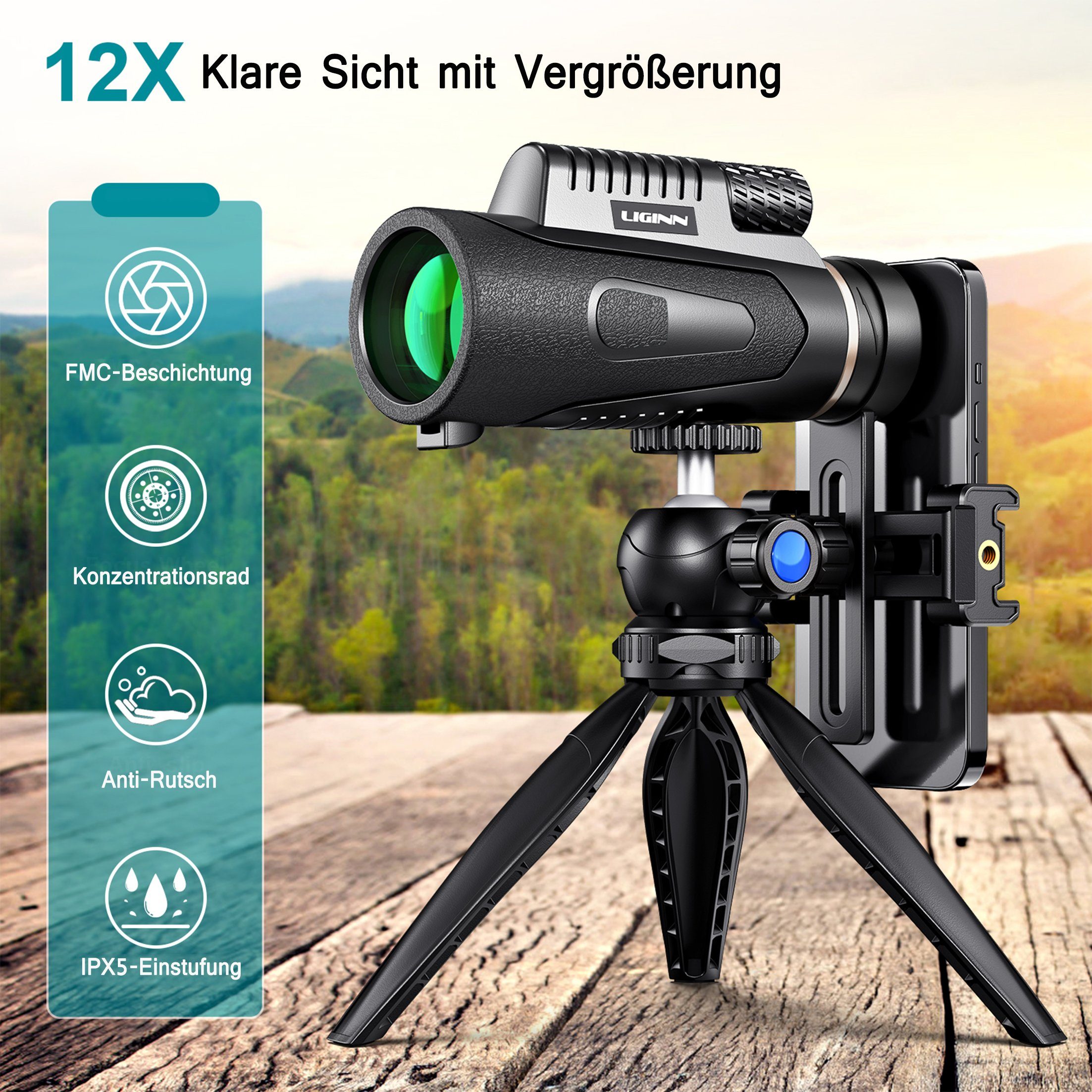 Monokular,HD-Teleskop,mit Vogelbeobachtung/Sportspiele/Jagd/Reisen) für Vergrößerung Outdoor Stativ Schwarz Handy-Clip,12x50 + (12fache Fernrohr KINSI