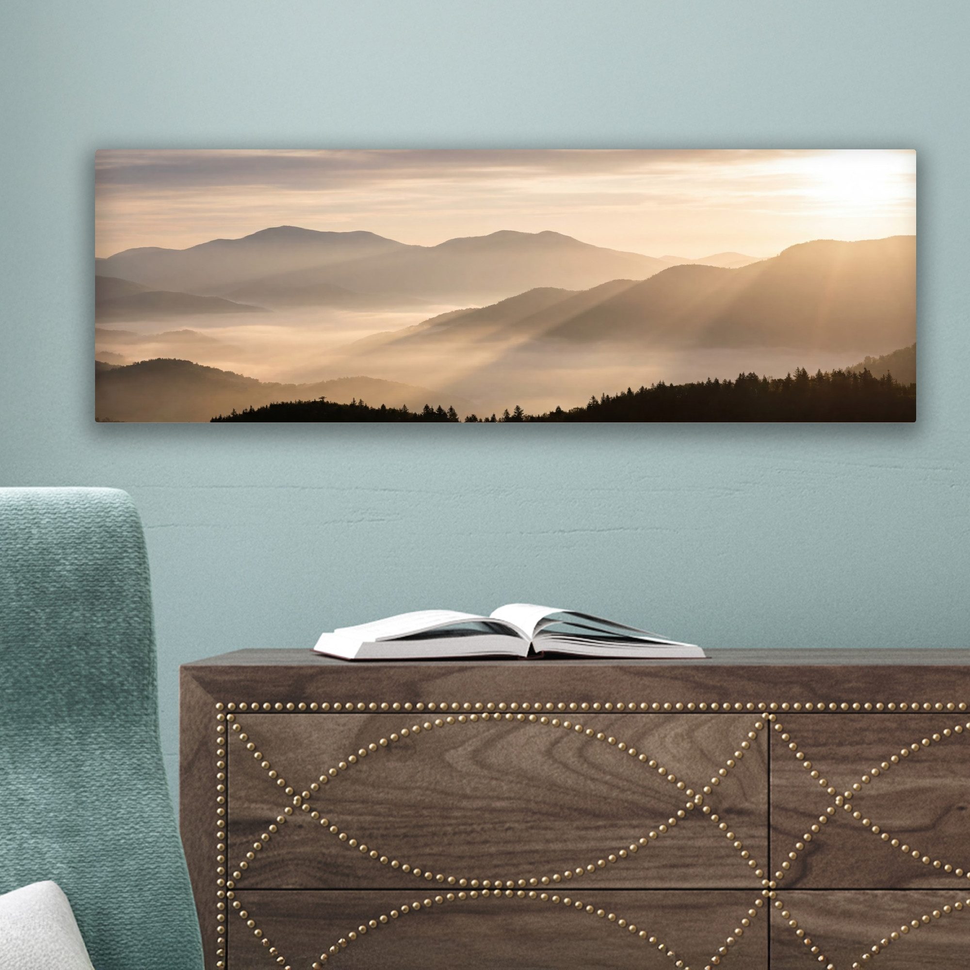 OneMillionCanvasses® Leinwandbild Panorama Berge - Nebel - Sonnenstrahlen, Fotodruck (1 St), Wandbild, Deko Schlafzimmer Wohnzimmer Flur 60x20 cm – Bild 4 von 5