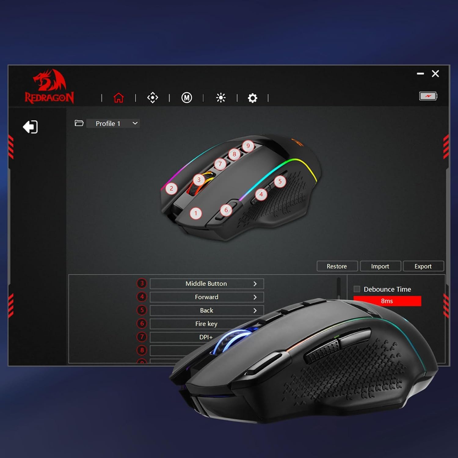 Redragon M991 Maus, RGB, 2,4 GHz/Bluetooth/kabelgebunden Gaming-Maus (Bluetooth, Funk (2,4 GHz), kabelgebunden (USB), 1000Hz Abfragerate, bis 26000 DPI, 9 programmierbare Tasten)