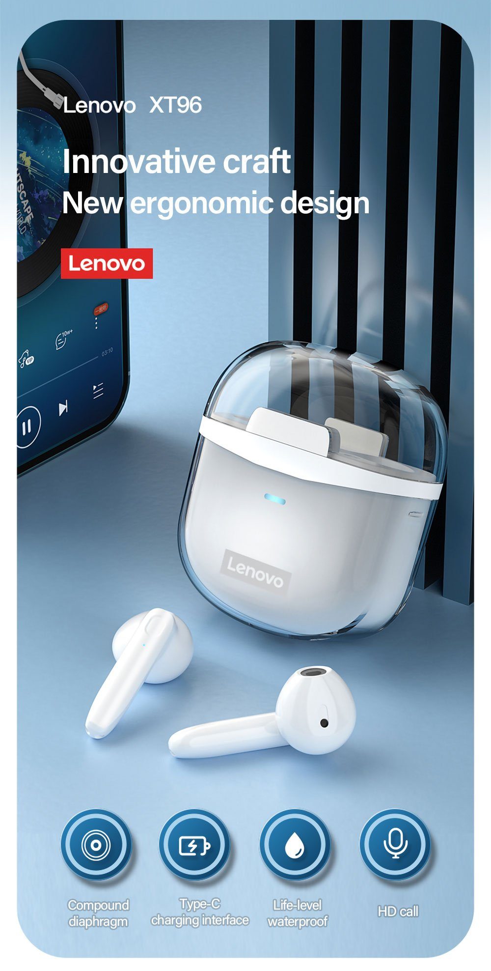 (True Bluetooth-Kopfhörer Lenovo kabellos, Touch-Steuerung 300 - XT96 Siri, Stereo-Ohrhörer Wireless, Bluetooth mit mit Kopfhörer-Ladehülle 5.1, Schwarz) mAh