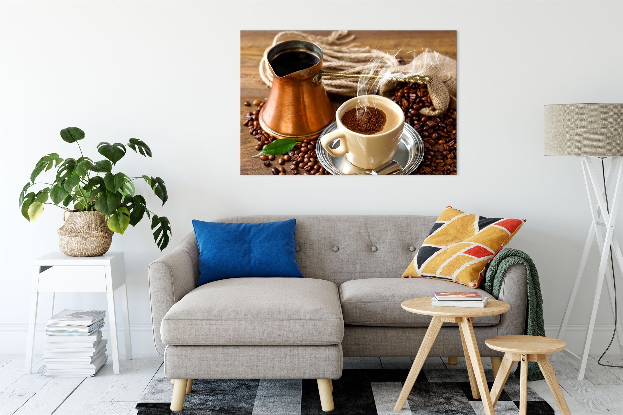 Pixxprint Leinwandbild Frisch Kaffee mit Kaffeebohnen, günstig online kaufen
