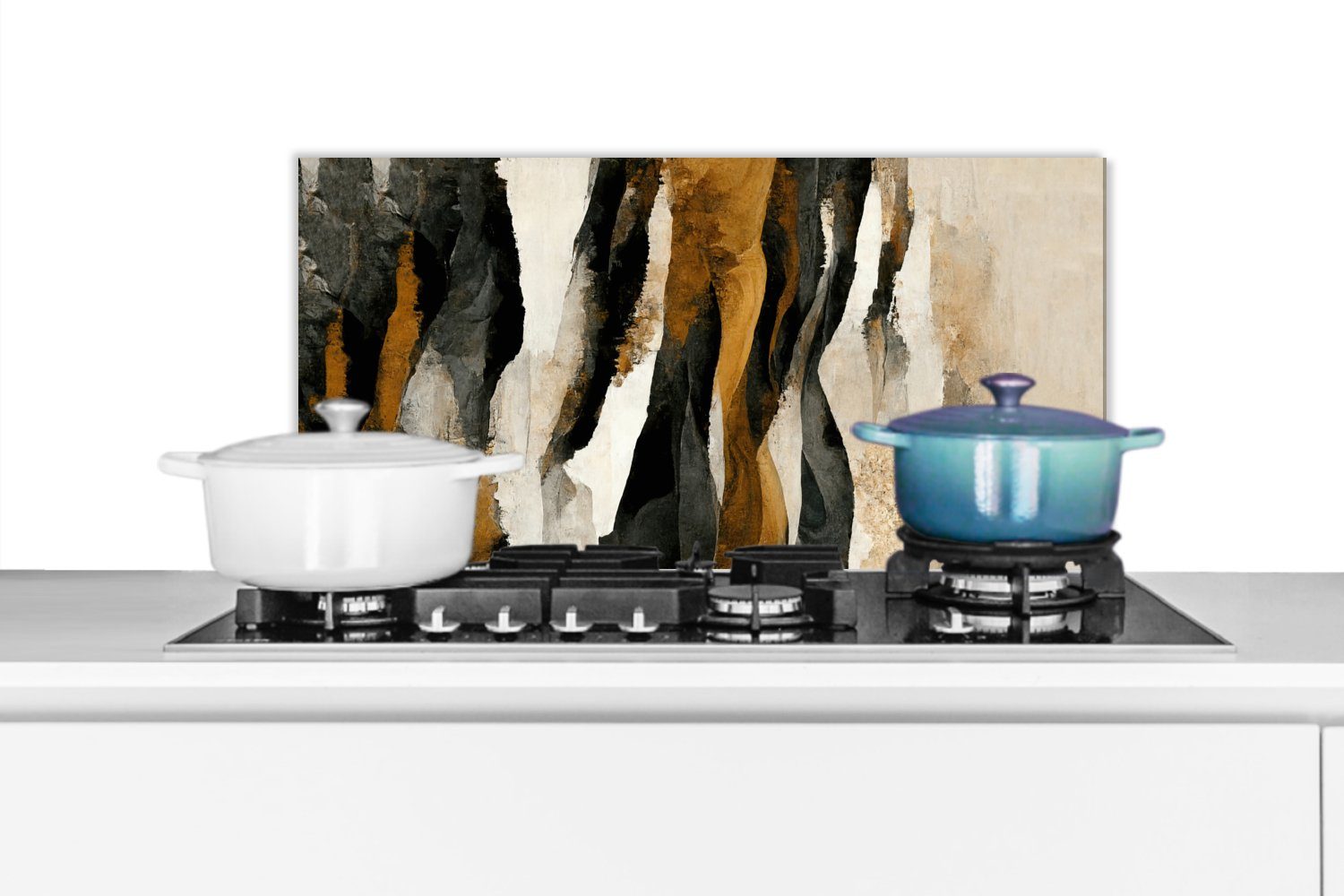 MuchoWow Küchenrückwand Kunst - Landschaft - Berge - Schwarz - Weiß - Beige, (1-tlg), 60x30 cm, Wandschutz, gegen Fett und Schmutzflecken für Küchen