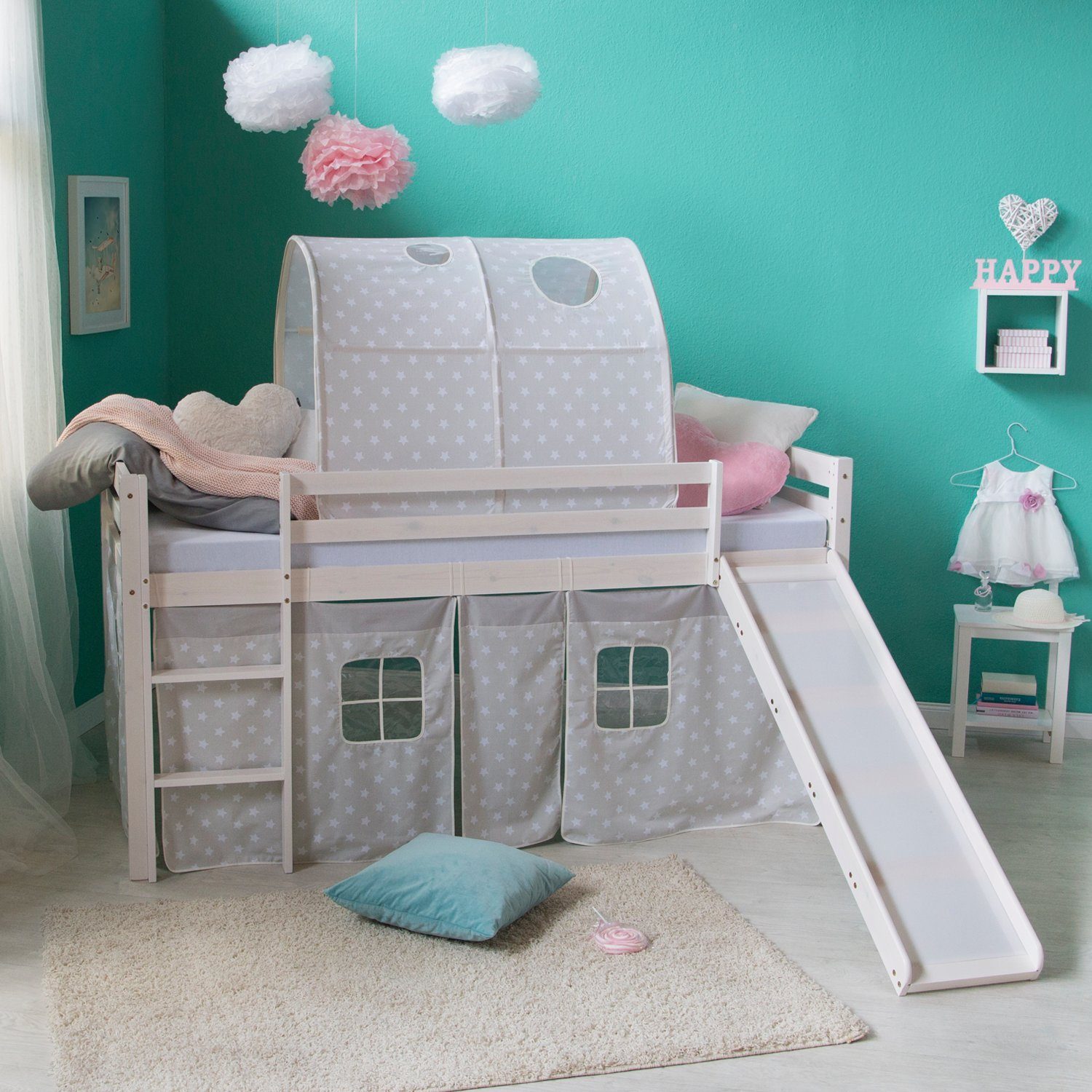 Homestyle4u Hochbett 90x200 Weiß mit Vorhang günstig online kaufen