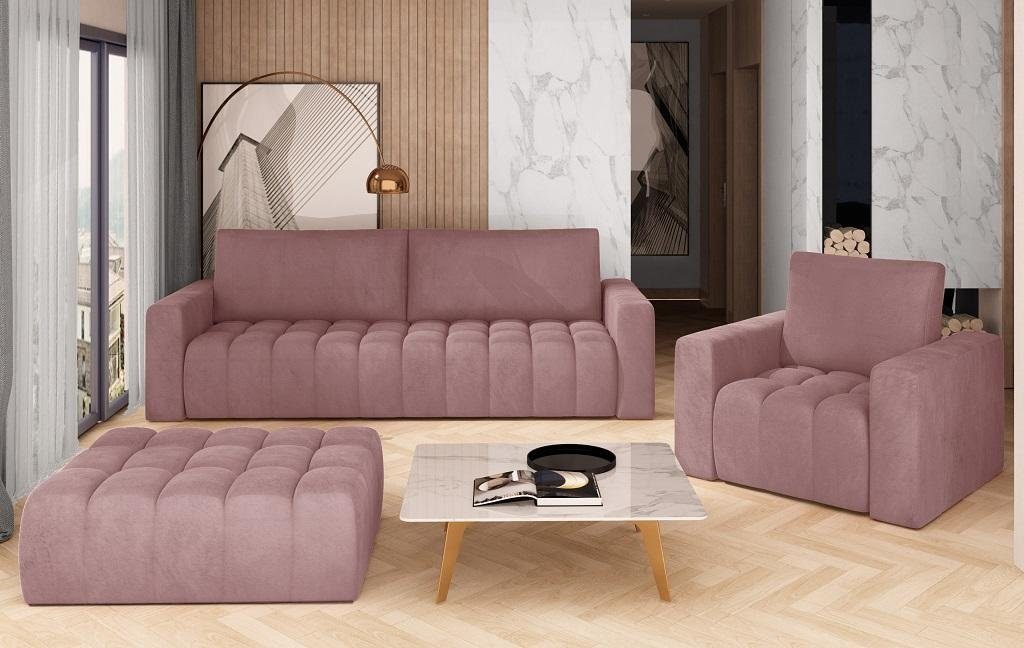 JVmoebel Wohnzimmer-Set Sofagarnitur 3+1 Sitzer Hocker Garnituren Samt Stoff 3tlg Wohnzimmer rosa