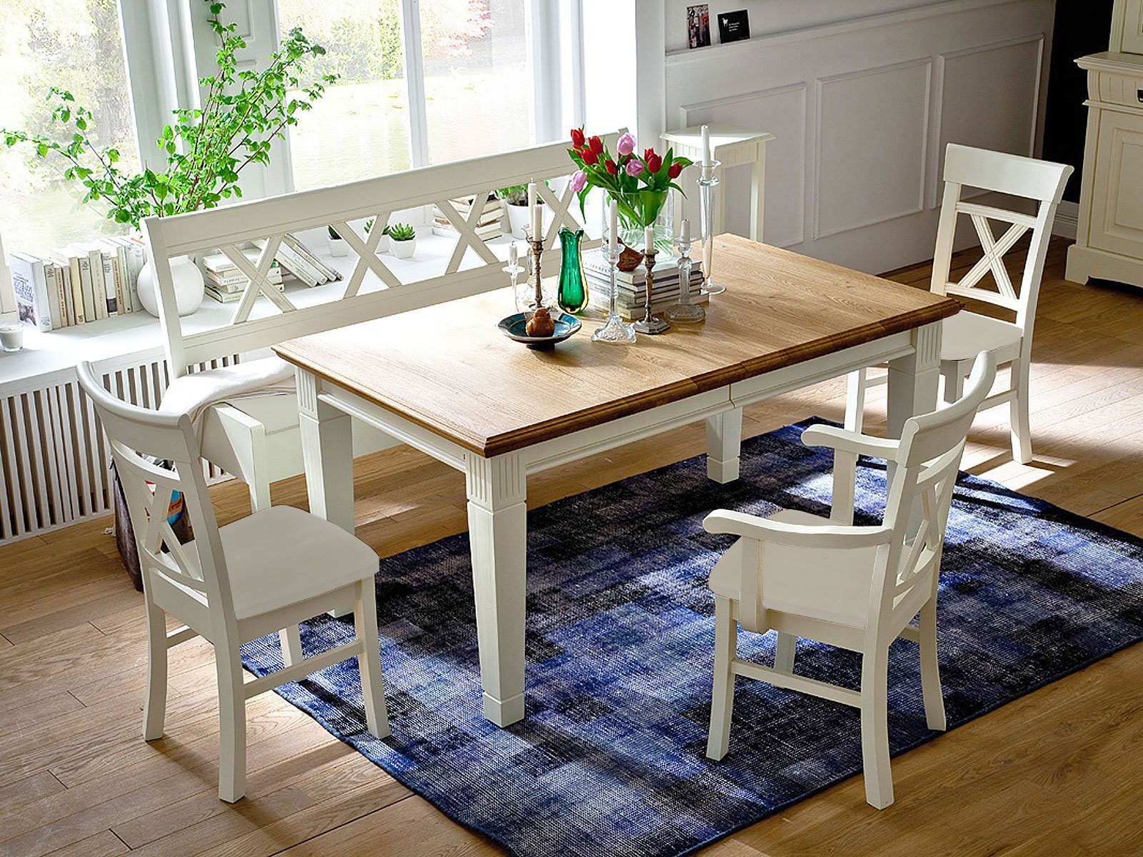 Casamia Essgruppe Essgruppe Padua Truhenbank Esstisch Armlehner Esszimmer-Stühle massiv