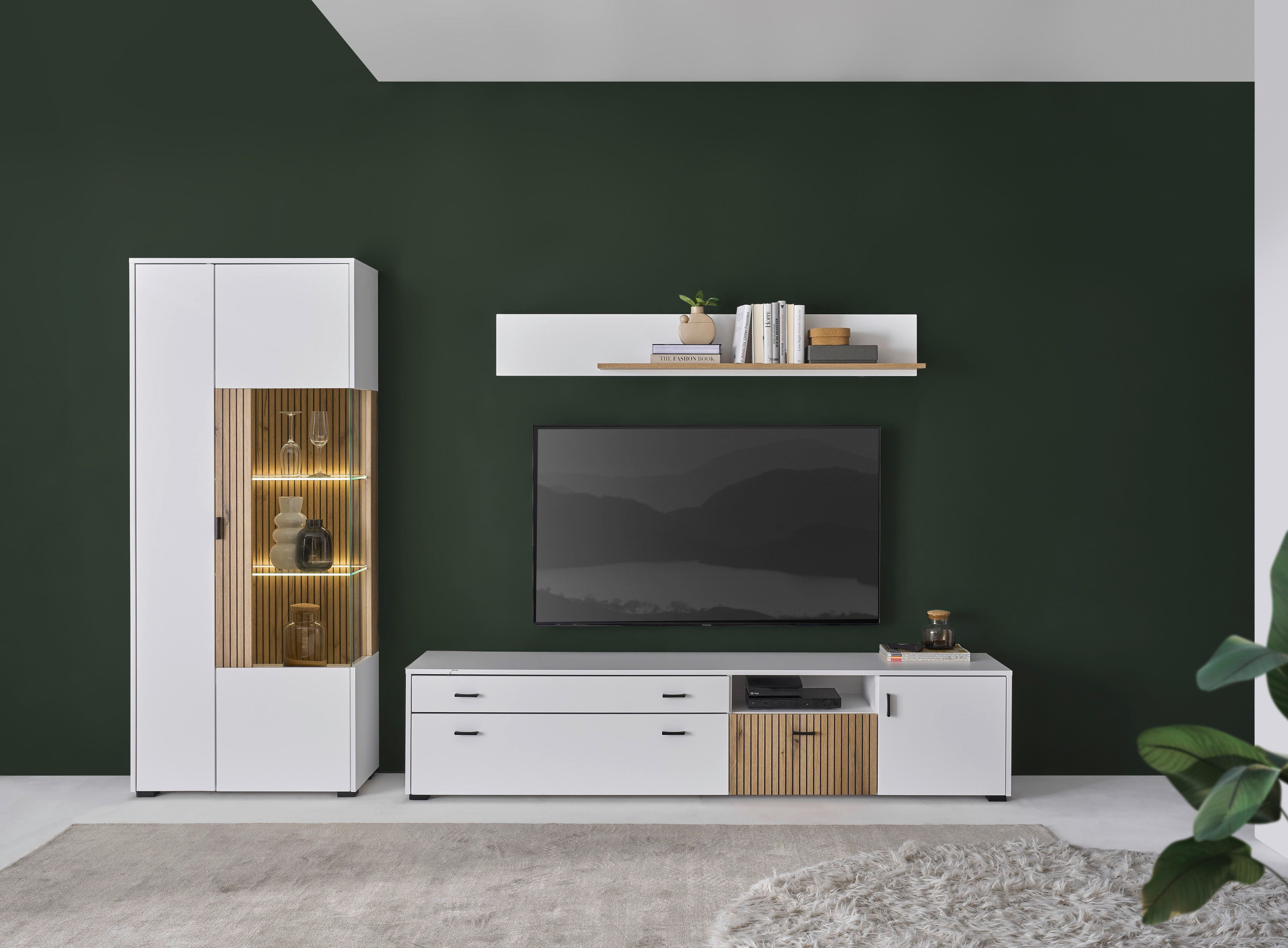 Home affaire Wohnwand HUDSON, (Set, 3-St), mit moderner Rillenoptik, Griffe aus Metall (Schwarz), Breite 285 cm