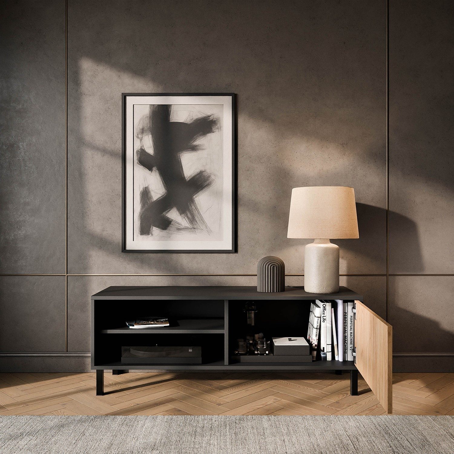 Planetmöbel TV-Schrank Liora TV Board, Lowboard 120 cm lang, TV Kommode (für Fernseher bis 50 Zoll, 1-St., Fernsehtisch für Wohnzimmer, viel Stauraum) Fernsehschrank mit zwei offenen Fächern