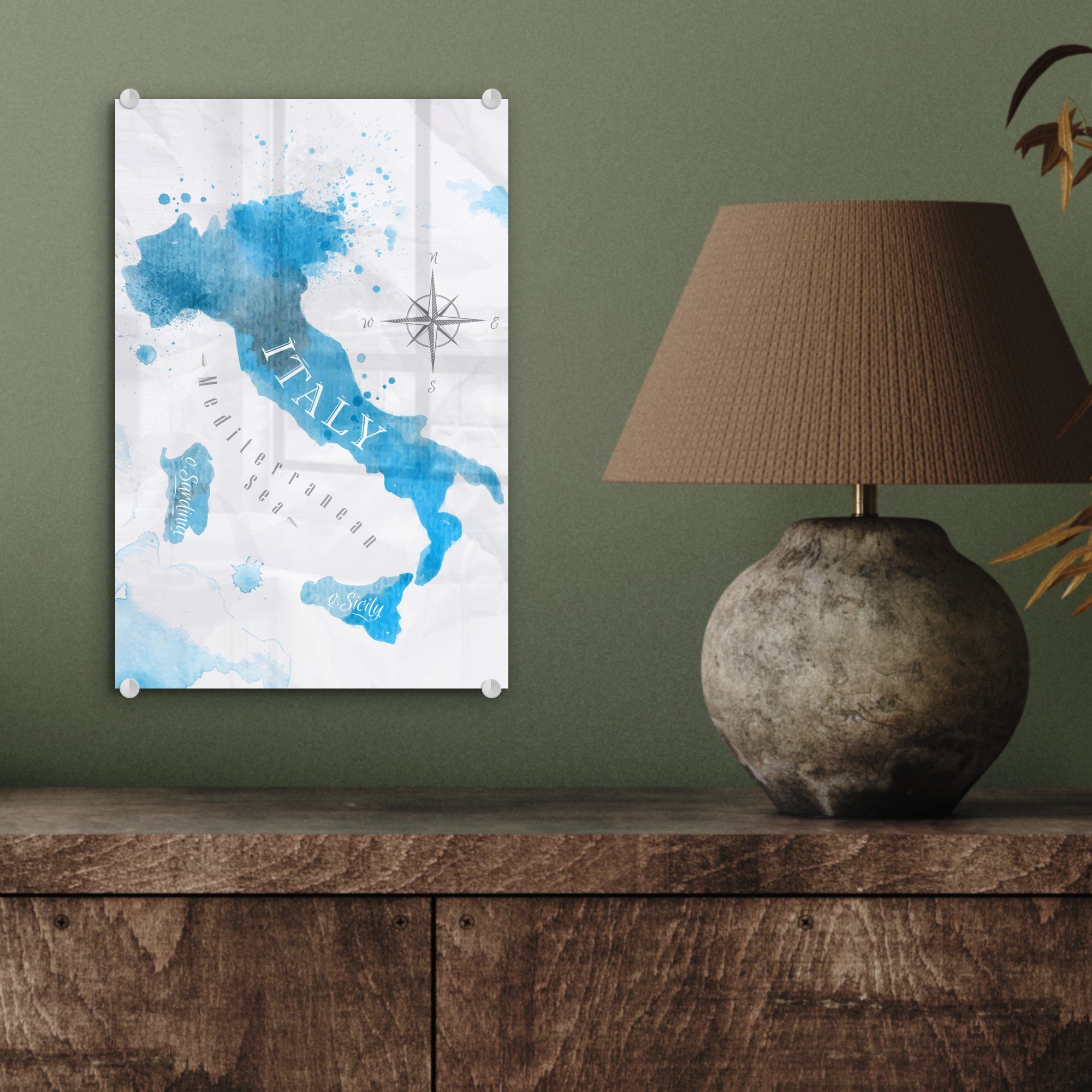 MuchoWow Acrylglasbild Weltkarte auf Glas Glas Blau Glasbilder Bilder - (1 Italien, auf - - - - Wanddekoration St), Wandbild Foto