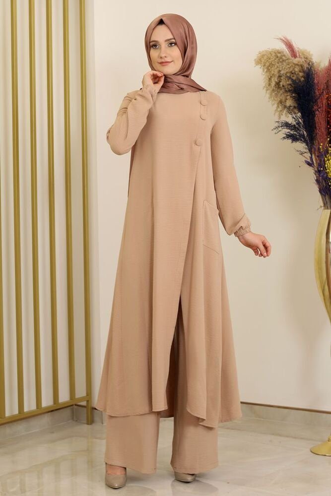 Zweiteiler Kleidung Tunikakleid Beige Longtunika Damen Stoff Modavitrini Hose Aerobin mit Hijab Anzug