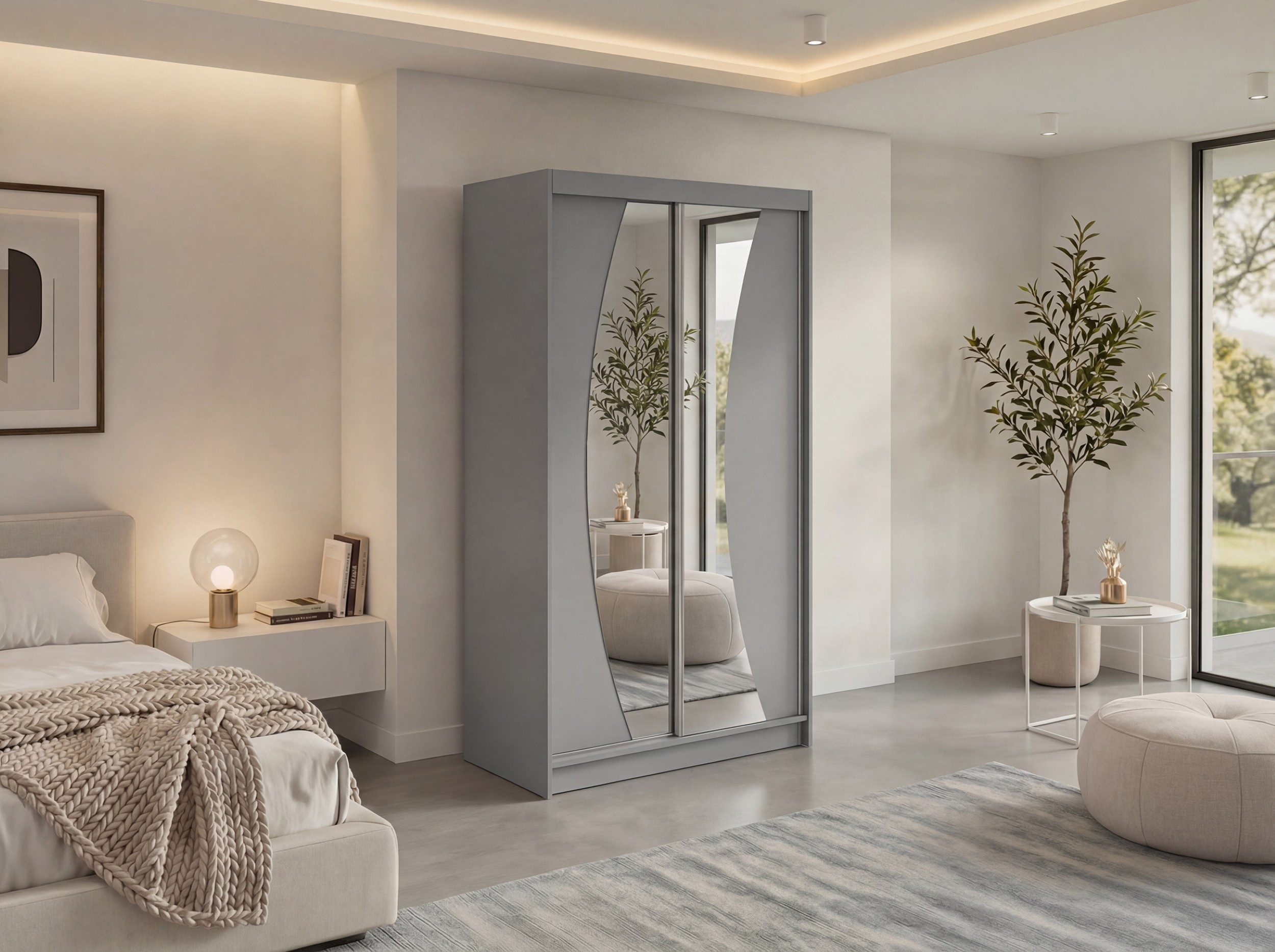 MKS MÖBEL Schiebetürenschrank VERONA 120 (mit Schubladen/ohne Schubladen, Spiegelschrank mit Kleiderstange) Schwebetürenschrank 120 cm, Kleiderschrank mit Stauruam, Griffleisten