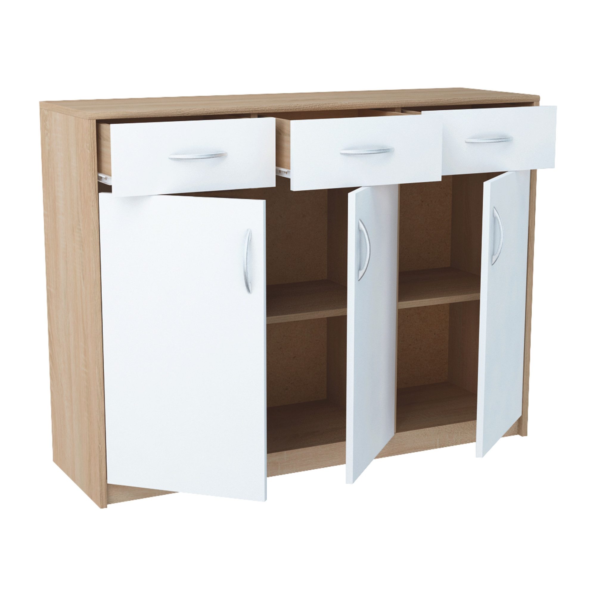 Home Collective Kommode mit 3 Schubladen und 3 Türen in matter Ausführung, Kommode 110cm (mit hochwertigen Polymergriffen, Hergestellt aus laminierten Platten, Metallrollen mit Auszugsperre), Holz Schrank Kommode mit Schubladen sonoma weß