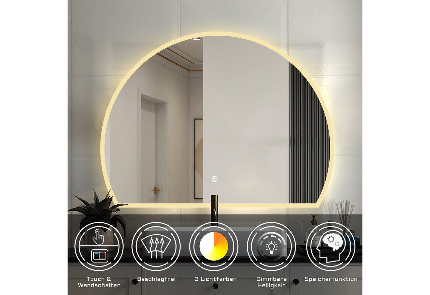 Thumbnail - duschspa Badspiegel LED Badspiegel Halbrund Spiegel Touch/Wandschalter, Warm/Neutral/Kaltweiß, dimmbar, Memory, Beschlag...