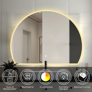 duschspa Badspiegel LED Badspiegel Halbrund Spiegel Touch/Wandschalter, Warm/Neutral/Kaltweiß, dimmbar, Memory, Beschlagfrei